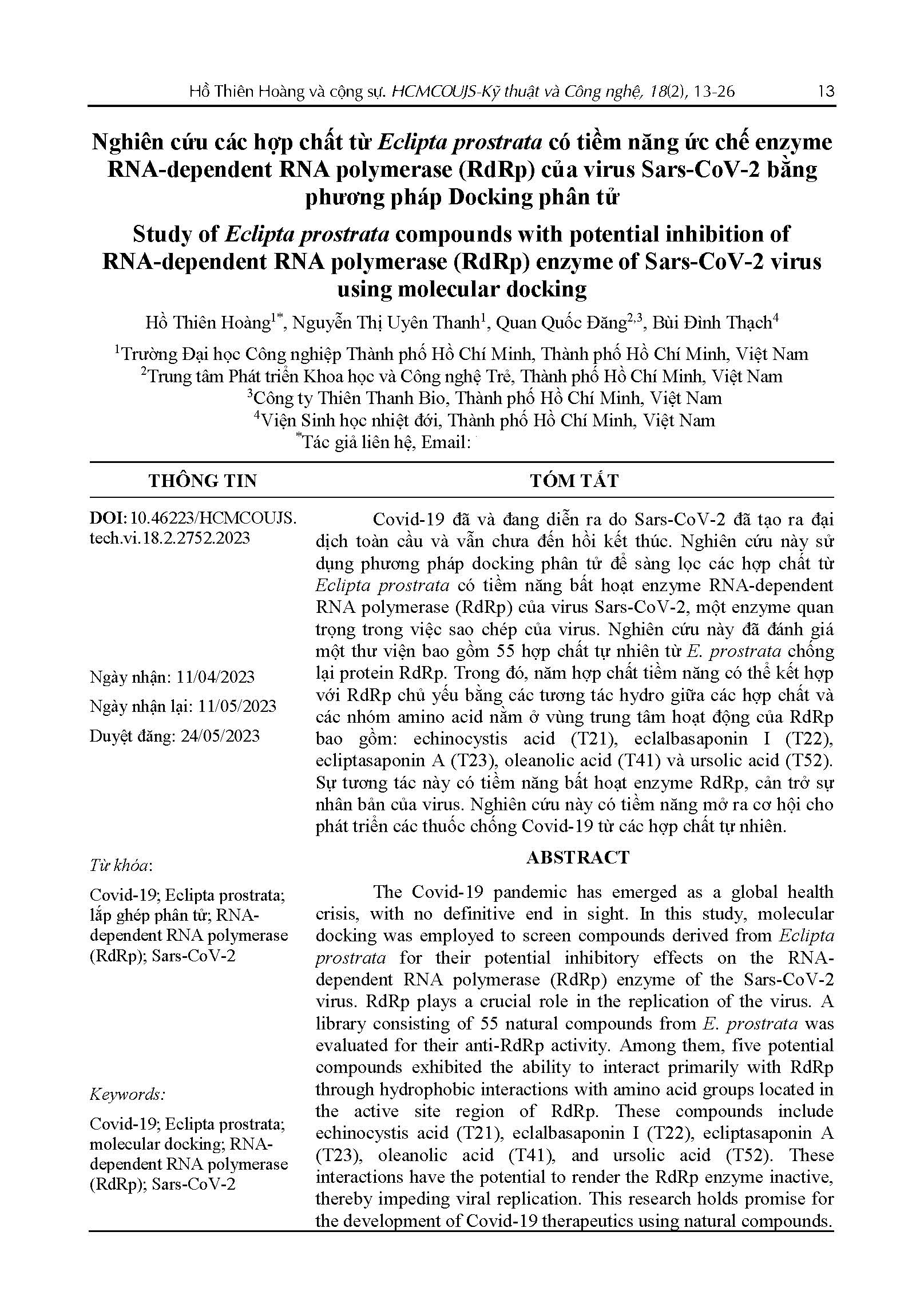 Nghiên cứu các hợp chất từ Eclipta prostrata có tiềm năng ức chế enzyme RNA-dependent RNA polymerase (RdRp) của virus Sars-CoV-2 bằng phương pháp Docking phân tử#Study of Eclipta prostrata compounds with potential inhibition of RNA-dependent RNA polymerase (RdRp) enzyme of Sars-CoV-2 virus using molecular docking