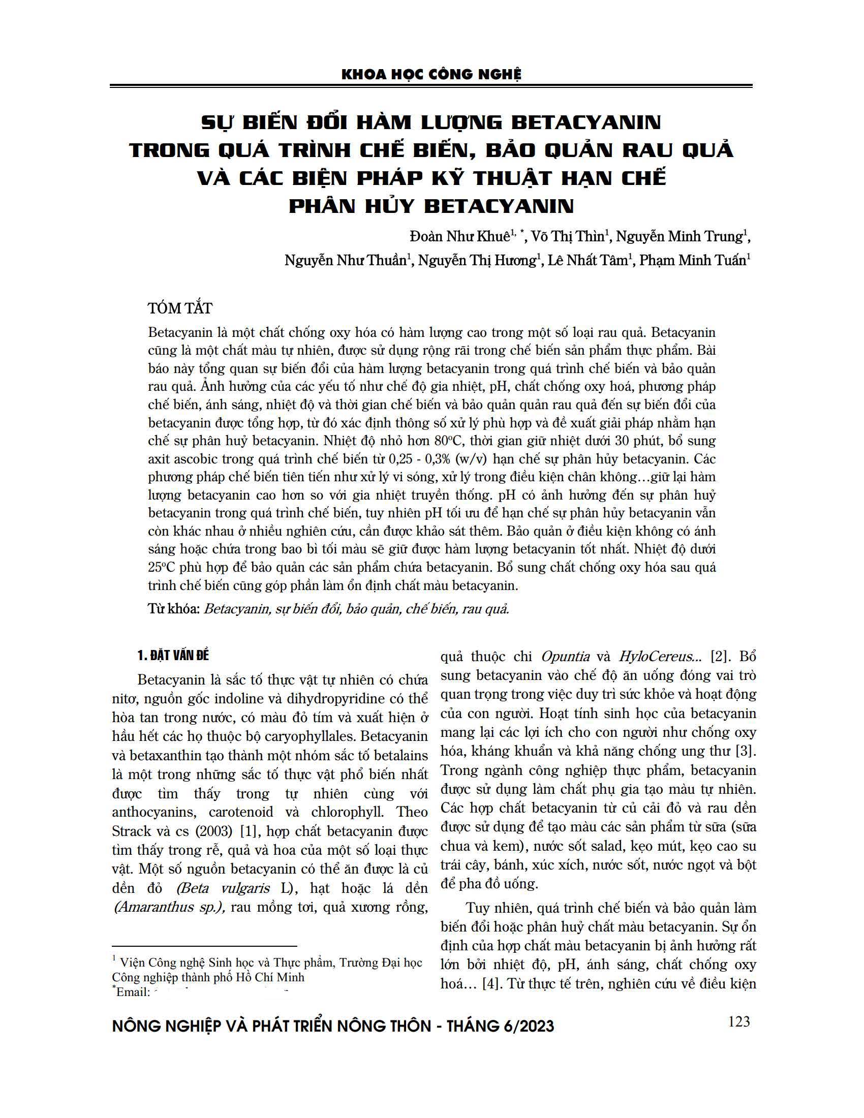 Sự biến đổi hàm lượng betacyanin trong quá trình chế biến, bảo quản rau quả và các biện pháp kỹ thuật hạn chế phân hủy betacyanin