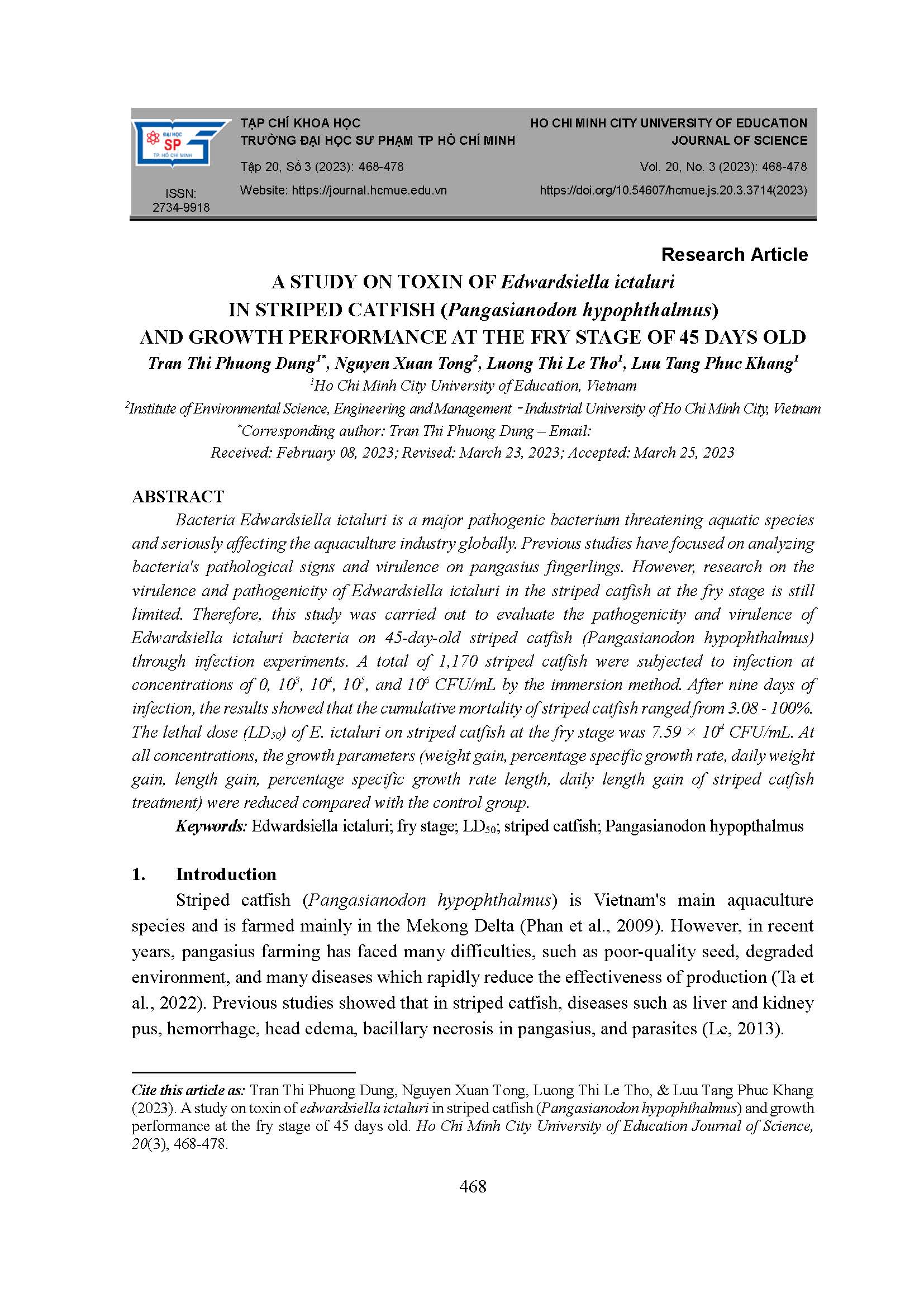 A study on toxin of Edwardsiella ictaluri in striped catfish (pangasianodon hypophthalmus) and growth performance at the fry stage of 45 days old