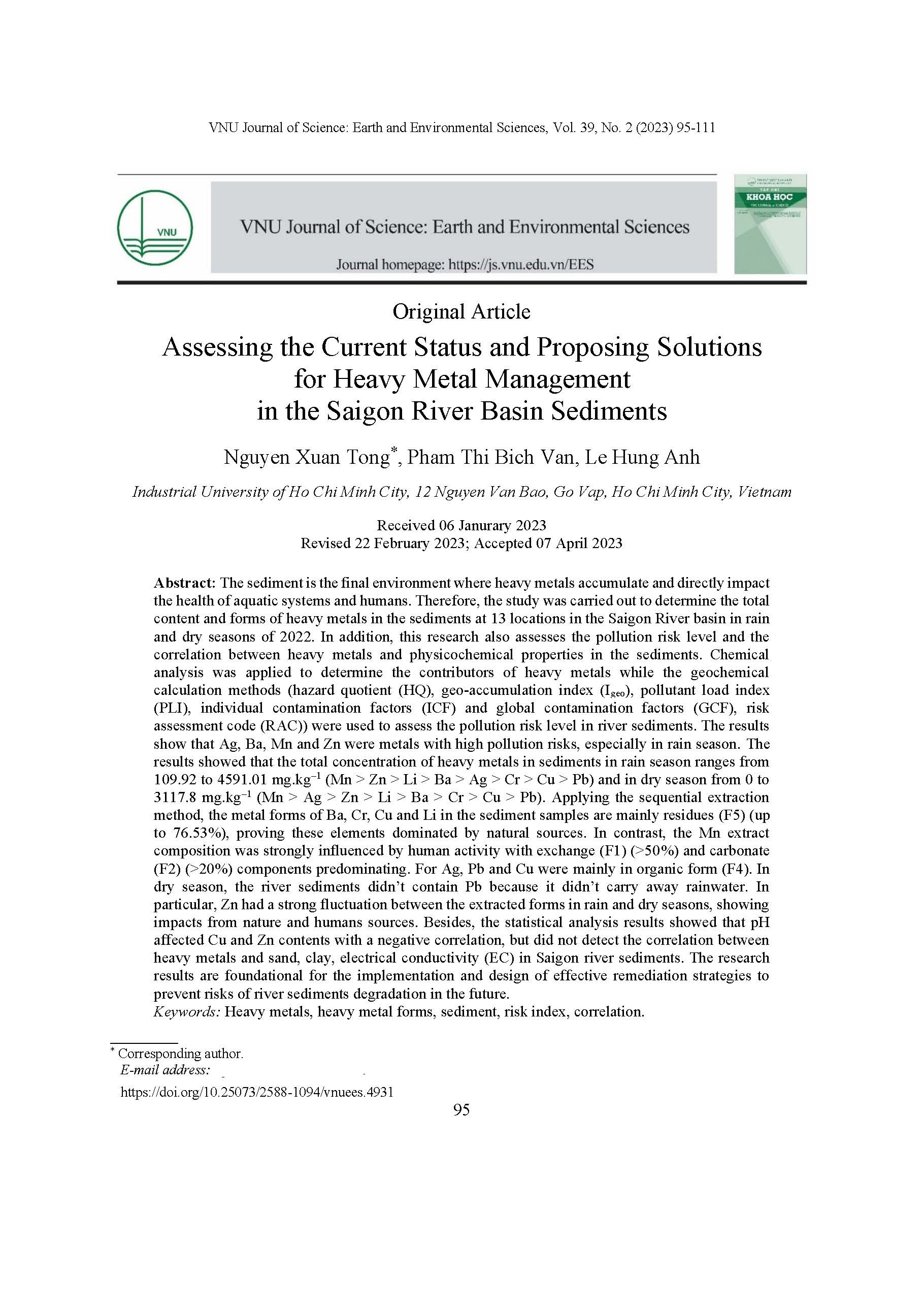 Assessing the Current Status and Proposing Solutions for Heavy Metal Management in the Saigon River Basin Sediments#Đánh giá hiện trạng và đề xuất giải pháp quản lý kim loại nặng trong trầm tích lưu vực sông Sài Gòn