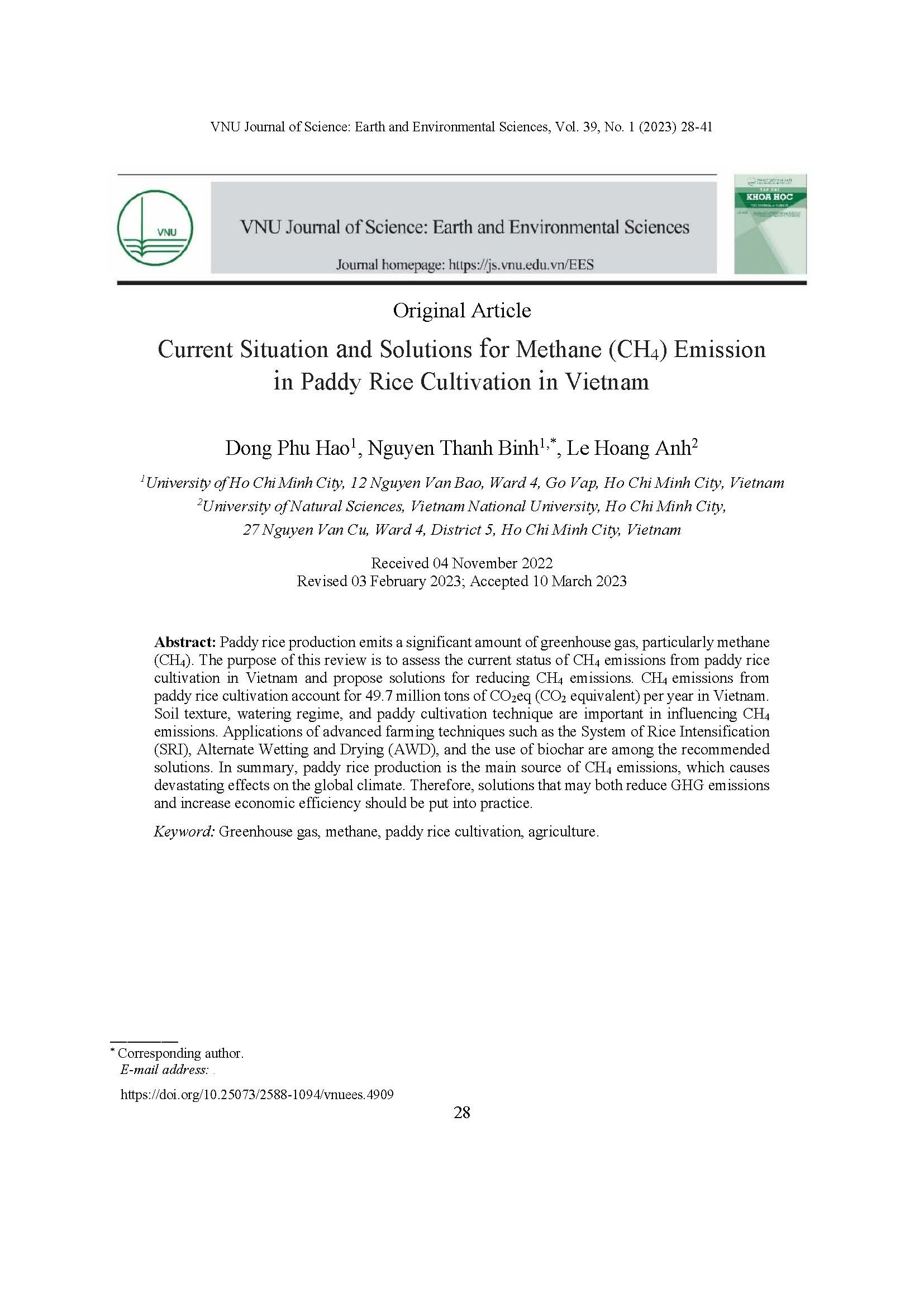 Phát thải khí metan (CH4) trong sản xuất lúa nước tại Việt Nam: hiện trạng và giải pháp#Current Situation and Solutions for Methane (CH4) Emission in Paddy Rice Cultivation in Vietnam