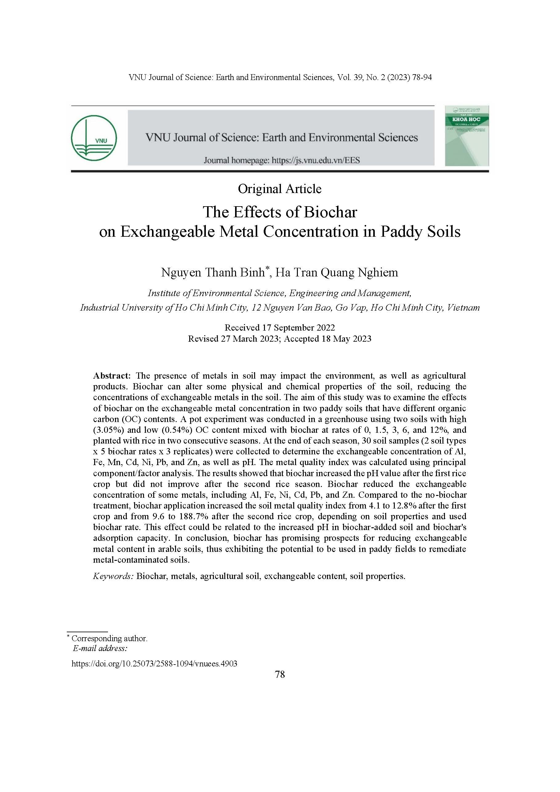 The Effects of Biochar on Exchangeable Metal Concentration in Paddy Soils#Ảnh hưởng của than sinh học đến hàm lượng kim loại ở dạng trao đổi trong đất trồng lúa nước