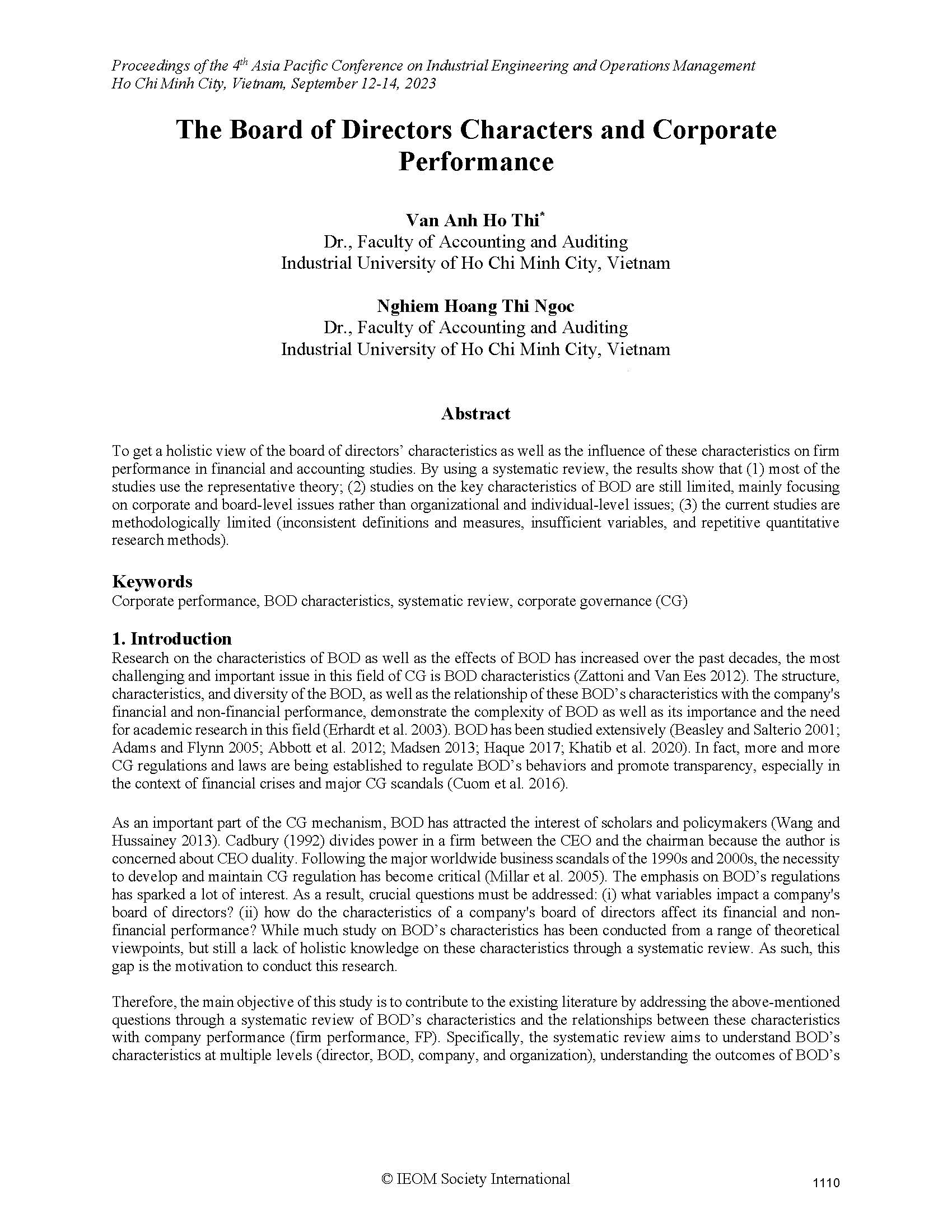 The Board of Directors Characters and Corporate Performance