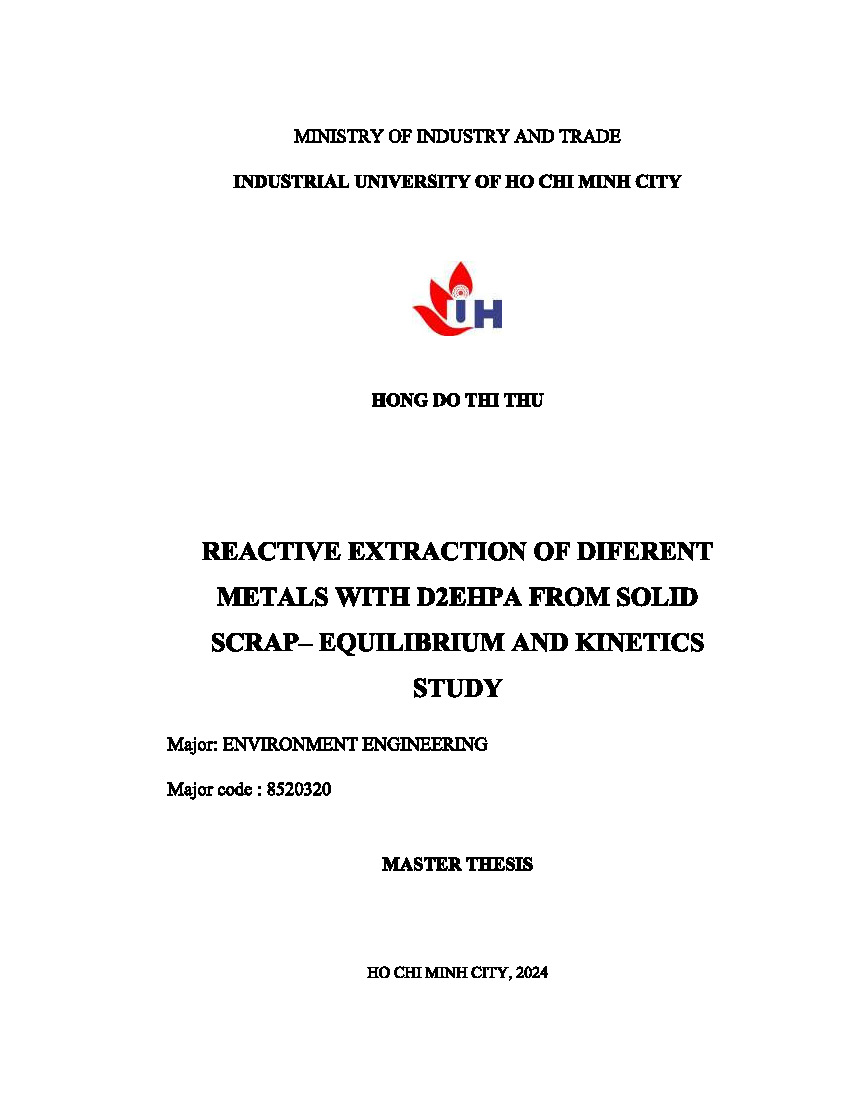 Reactive extraction of diferent metals with D2EHPA from solid scrap-equilibrium and kinetics study: Master thesis - Major: Environmental engineering