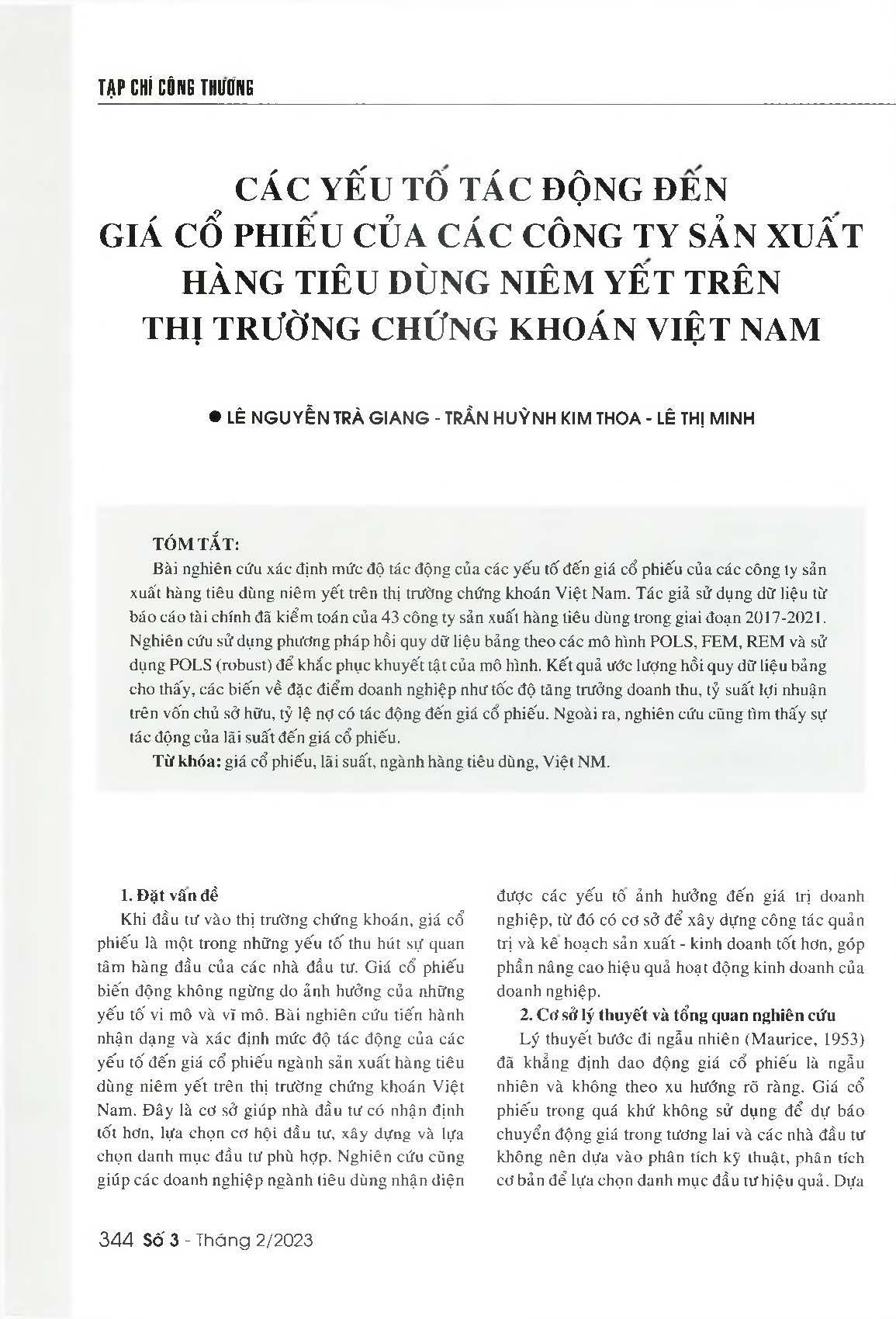 Các yếu tố tác động đến giá cổ phiếu của các công ty sản xuất hàng tiêu dùng niêm yết trên thị trường chứng khoán Việt Nam