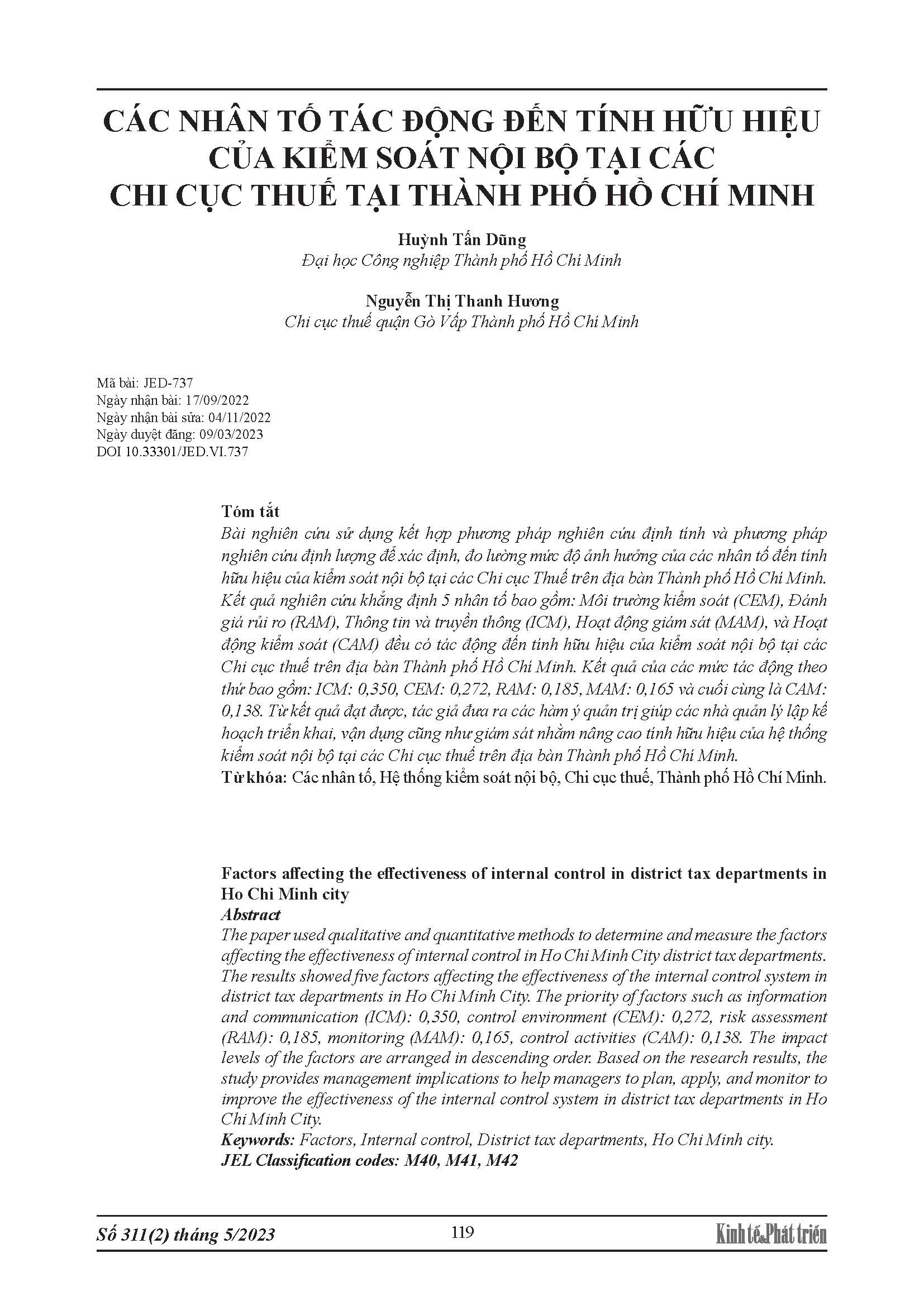 Các nhân tố tác động đến tính hữu hiệu của kiểm soát nội bộ tại các chi cục thuế tại Thành phố Hồ Chí Minh