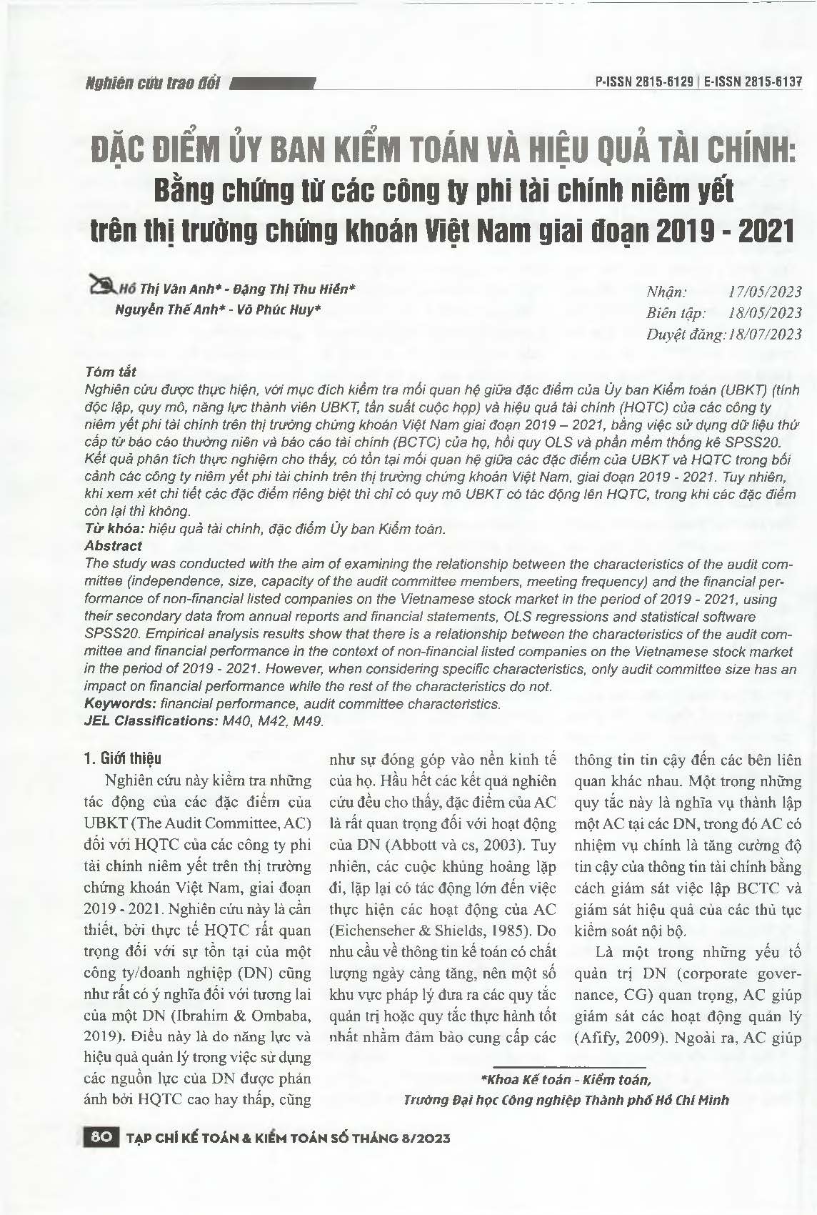 Đặc điểm ủy ban kiểm toán và hiệu quả tài chính: Bằng chứng từ các công ty phi tài chính niêm yết trên thị trường chứng khoán Việt Nam giai đoạn 2019 - 2021