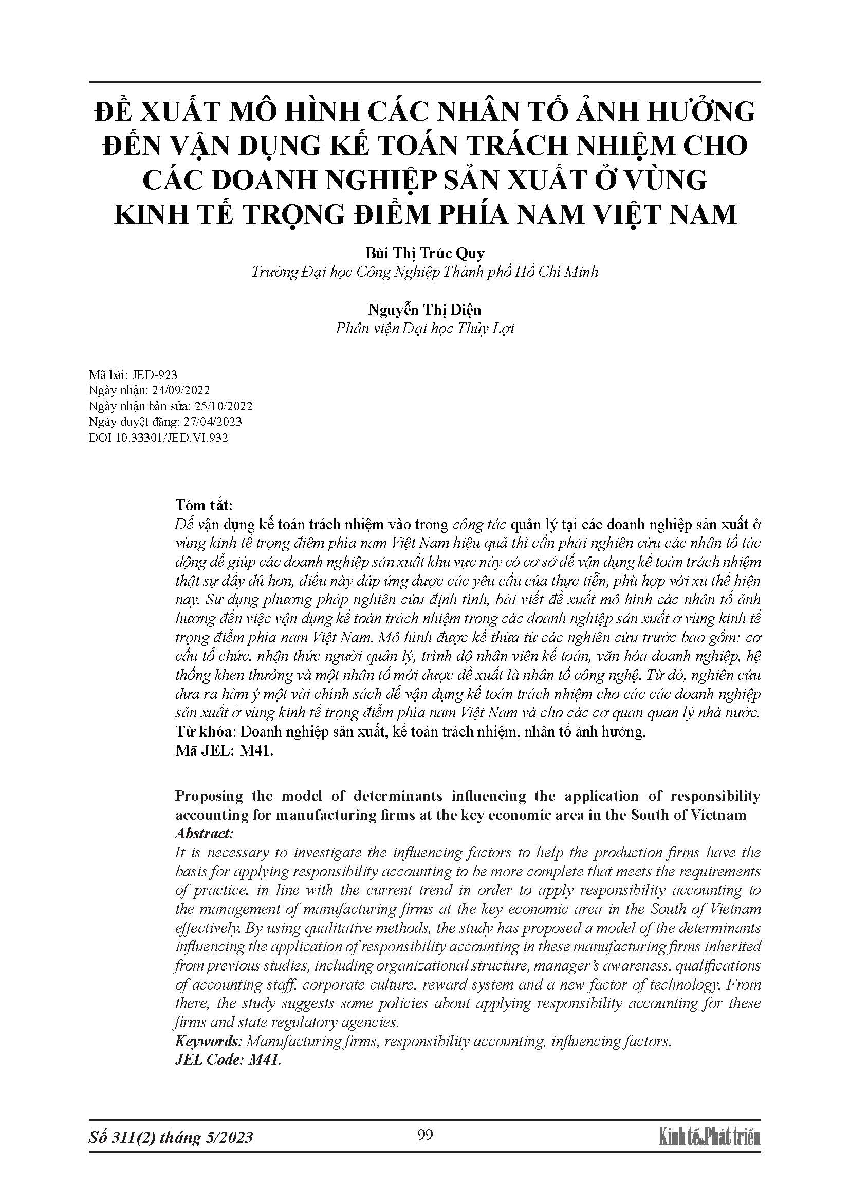 Đề xuất mô hình các nhân tố ảnh hưởng đến vận dụng kế toán trách nhiệm cho các doanh nghiệp sản xuất ở vùng kinh tế trọng điểm phía Nam Việt Nam