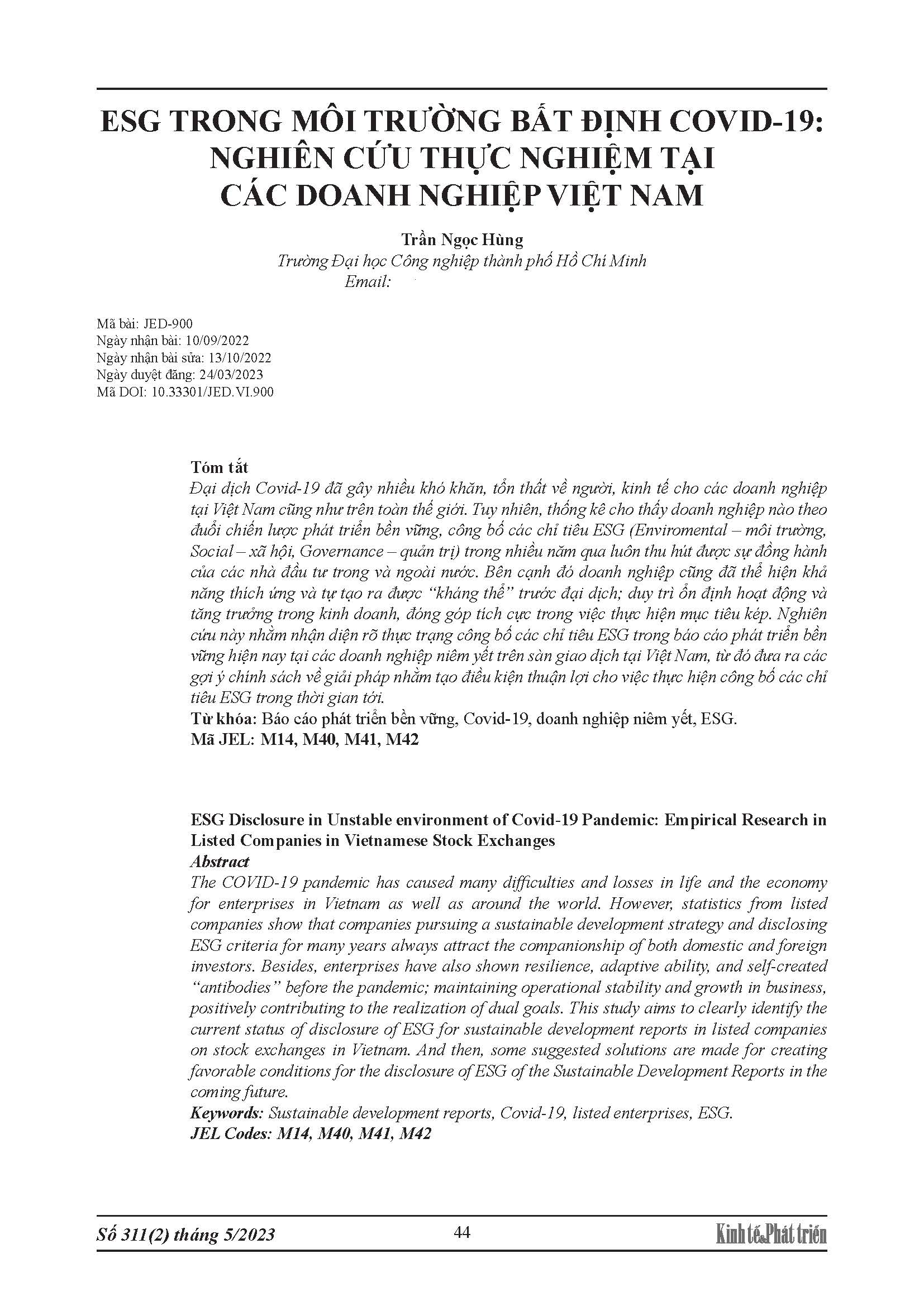ESG trong môi trường bất định covid-19: Nghiên cứu thực nghiệm tại các doanh nghiệp Việt Nam