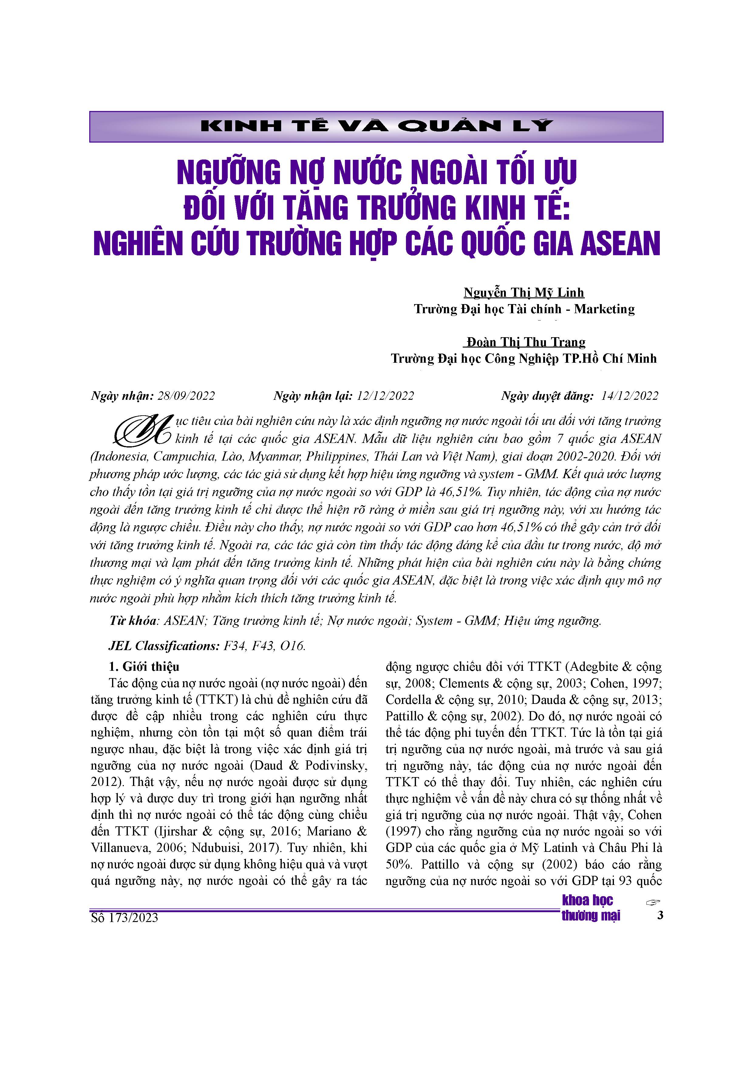 Ngưỡng nợ nước ngoài tối ưu đối với tăng trưởng kinh tế: Nghiên cứu trường hợp các quốc gia Asean