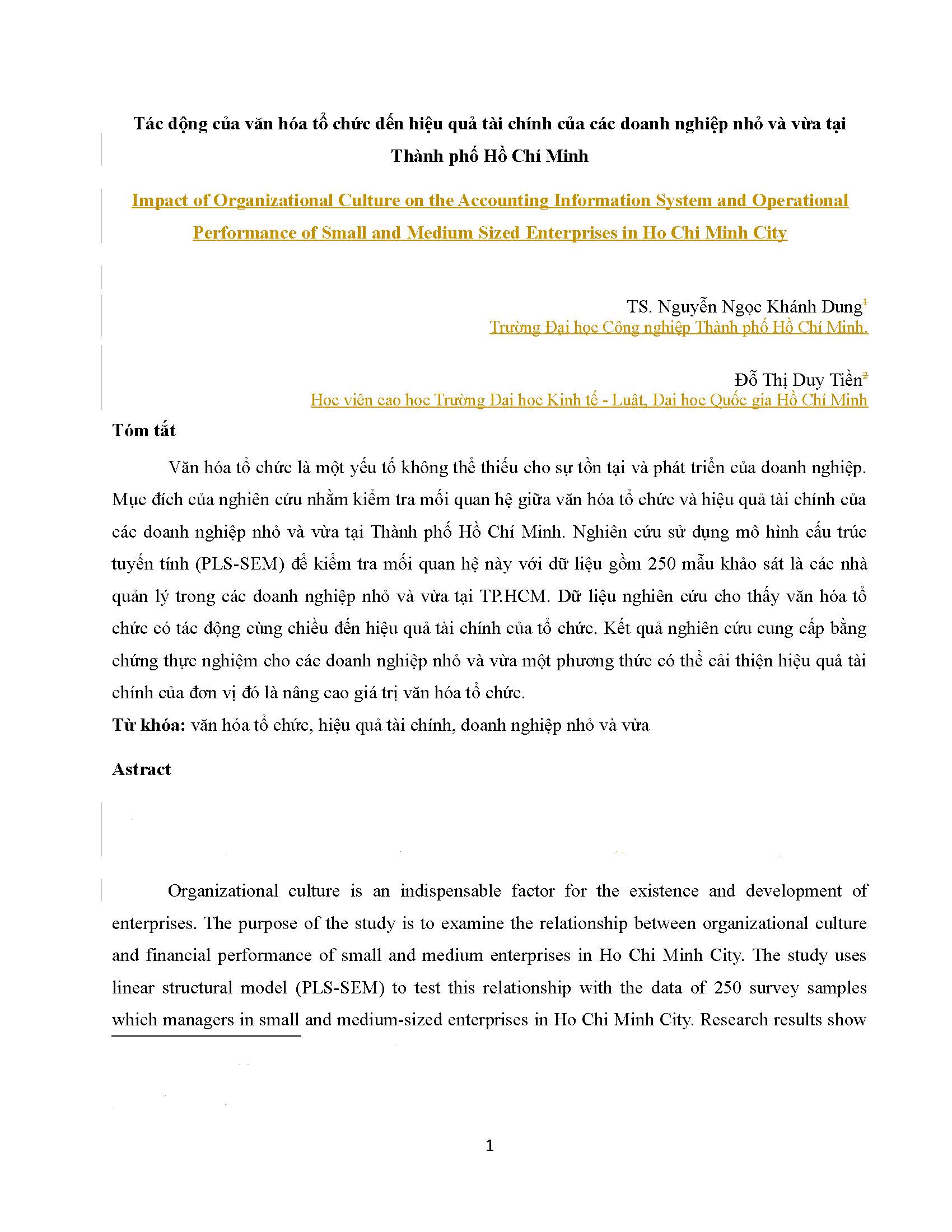 Tác động của văn hóa tổ chức đến hiệu quả tài chính của các doanh nghiệp nhỏ và vừa tại Thành phố Hồ Chí Minh