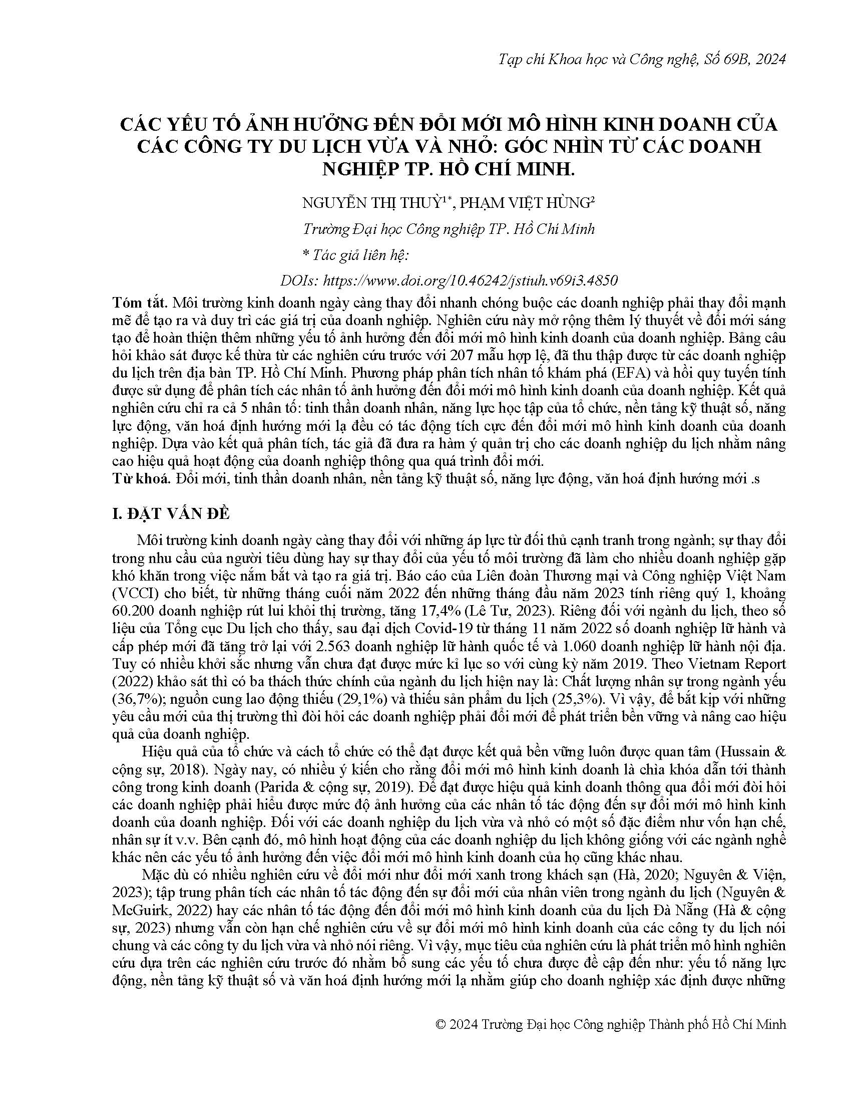 Các yếu tố ảnh hưởng đến đổi mới mô hình kinh doanh của các công ty du lịch vừa và nhỏ: Góc nhìn từ các doanh nghiệp Tp. Hồ Chí Minh