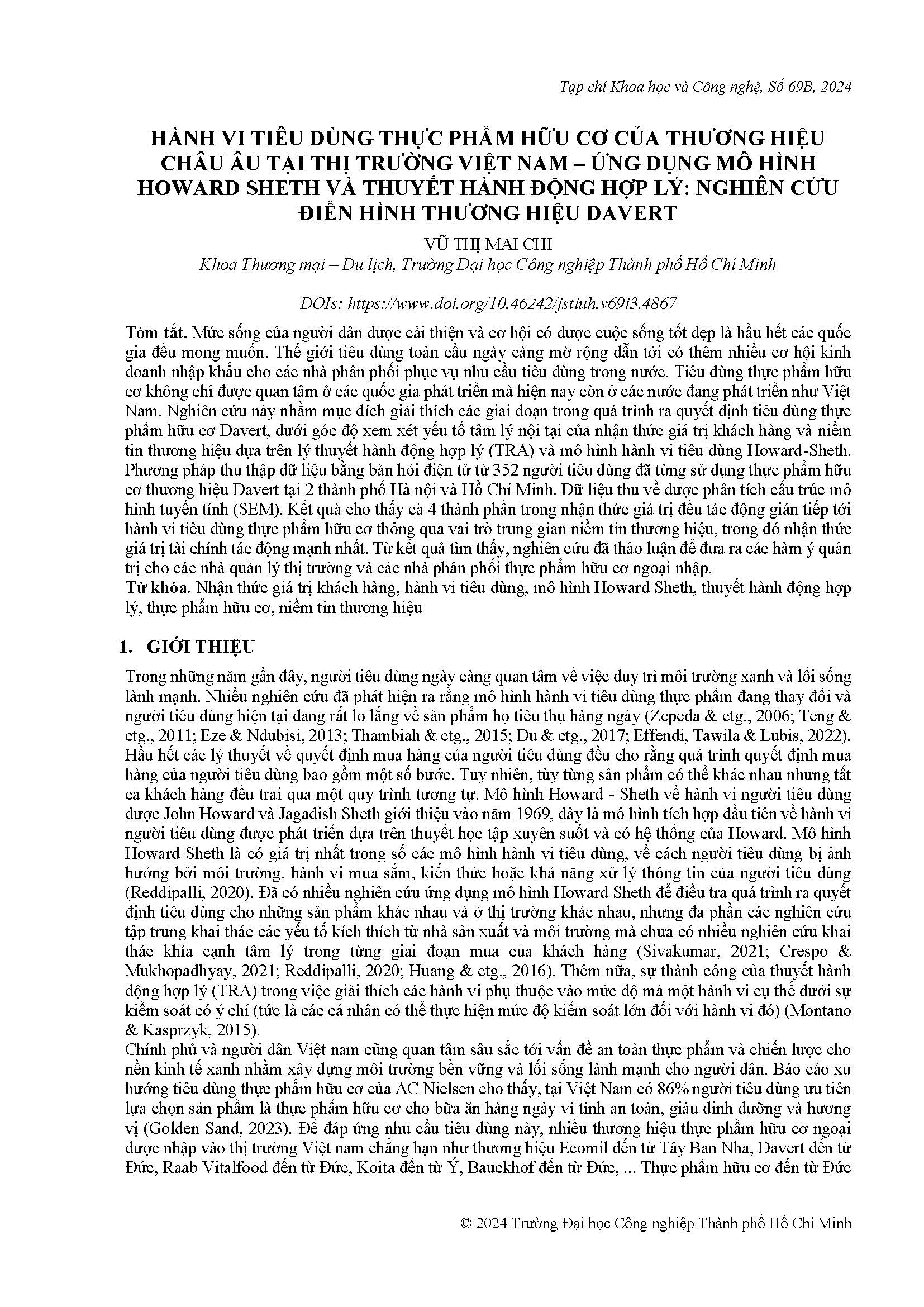 Hành vi tiêu dùng thực phẩm hữu cơ của thương hiệu Châu Âu tại thị trường Việt Nam – Ứng dụng mô hình Howard sheth và thuyết hành động hợp lý: Nghiên cứu điển hình thương hiệu Davert