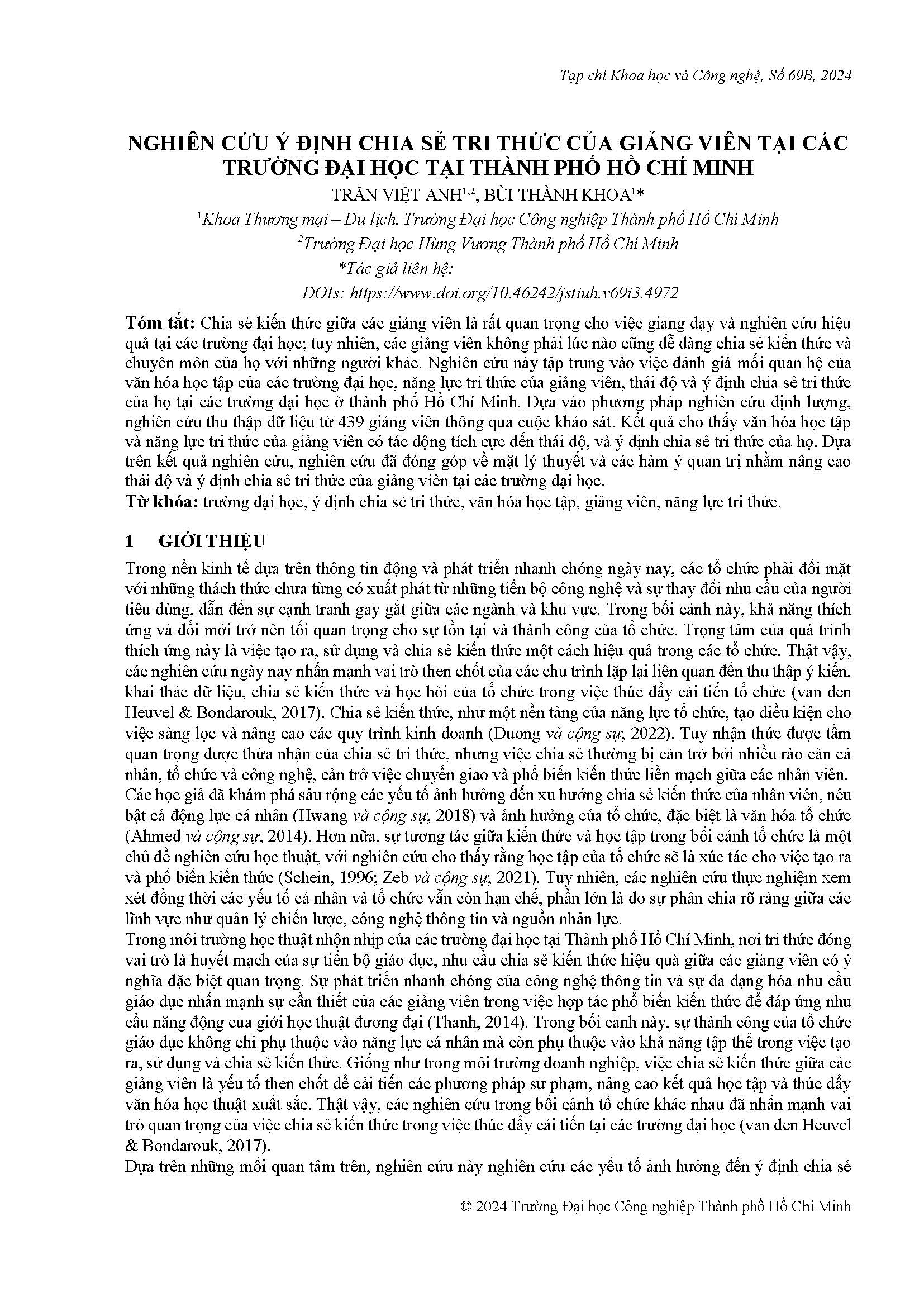 Nghiên cứu ý định chia sẻ tri thức của giảng viên tại các trường đại học tại Thành phố Hồ Chí Minh