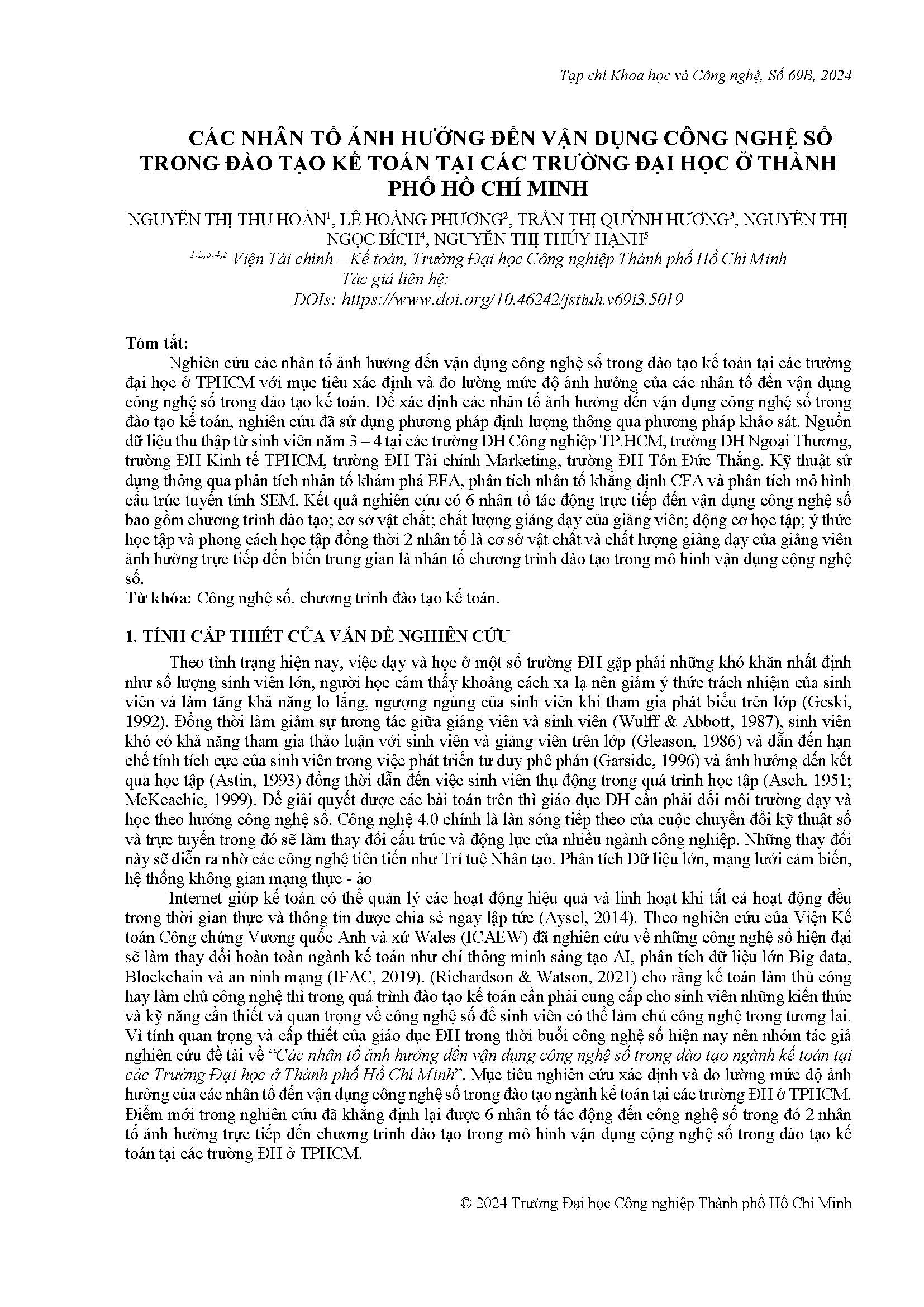 Các nhân tố ảnh hưởng đến vận dụng công nghệ số trong đào tạo kế toán tại các trường Đại học ở Thành phố Hồ Chí Minh