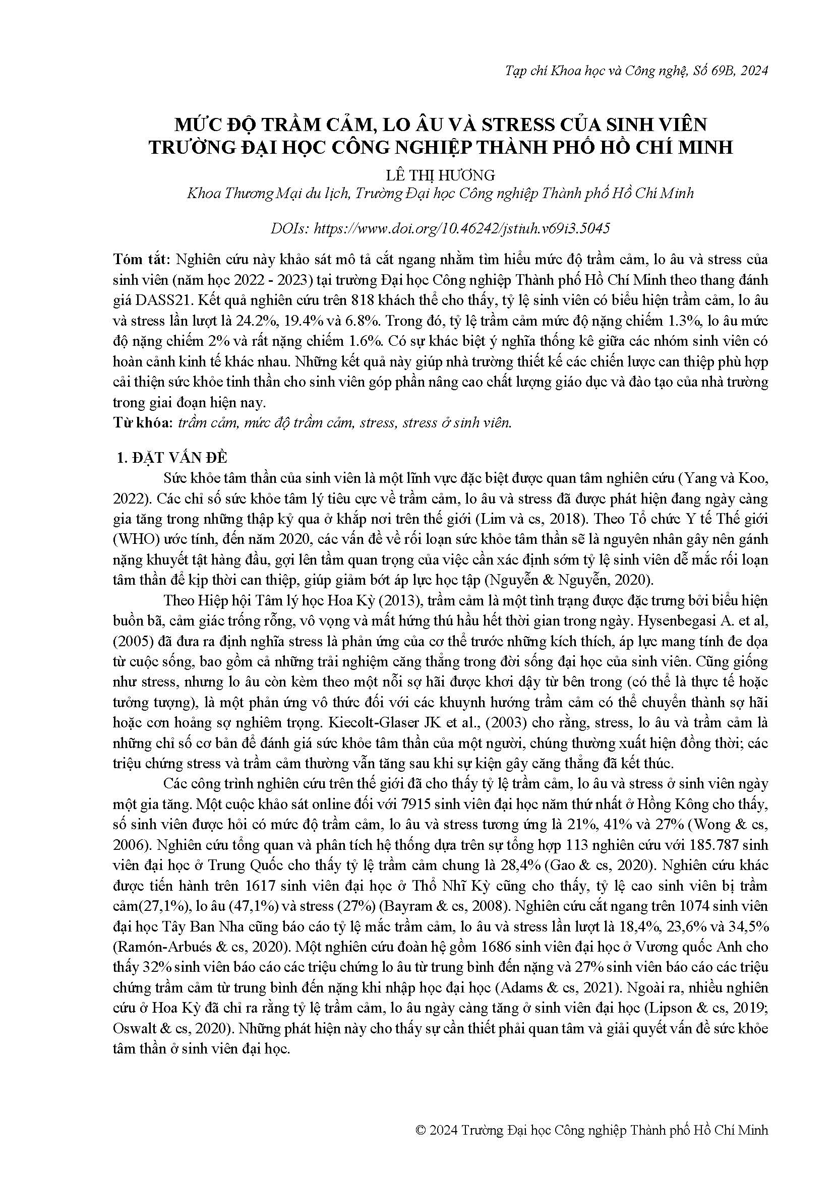 Mức độ trầm cảm, lo âu và stress của sinh viên trường Đại học Công nghiệp thành phố Hồ Chí Minh