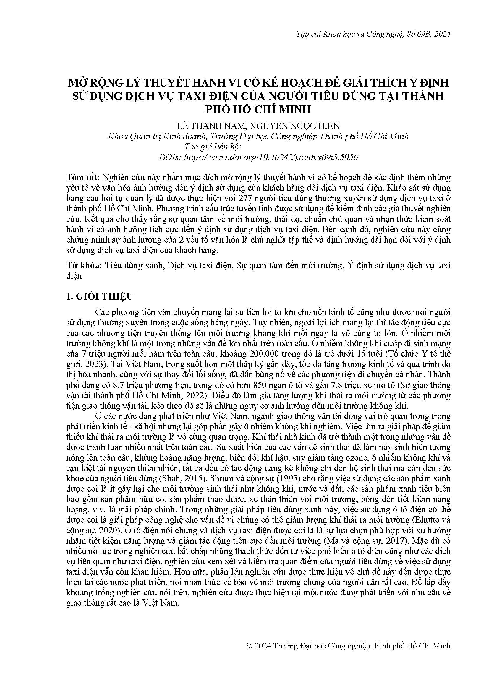 Mở rộng lý thuyết hành vi có kế hoạch để giải thích ý định sử dụng dịch vụ taxi điện của người tiêu dùng tại Thành phố Hồ Chí Minh