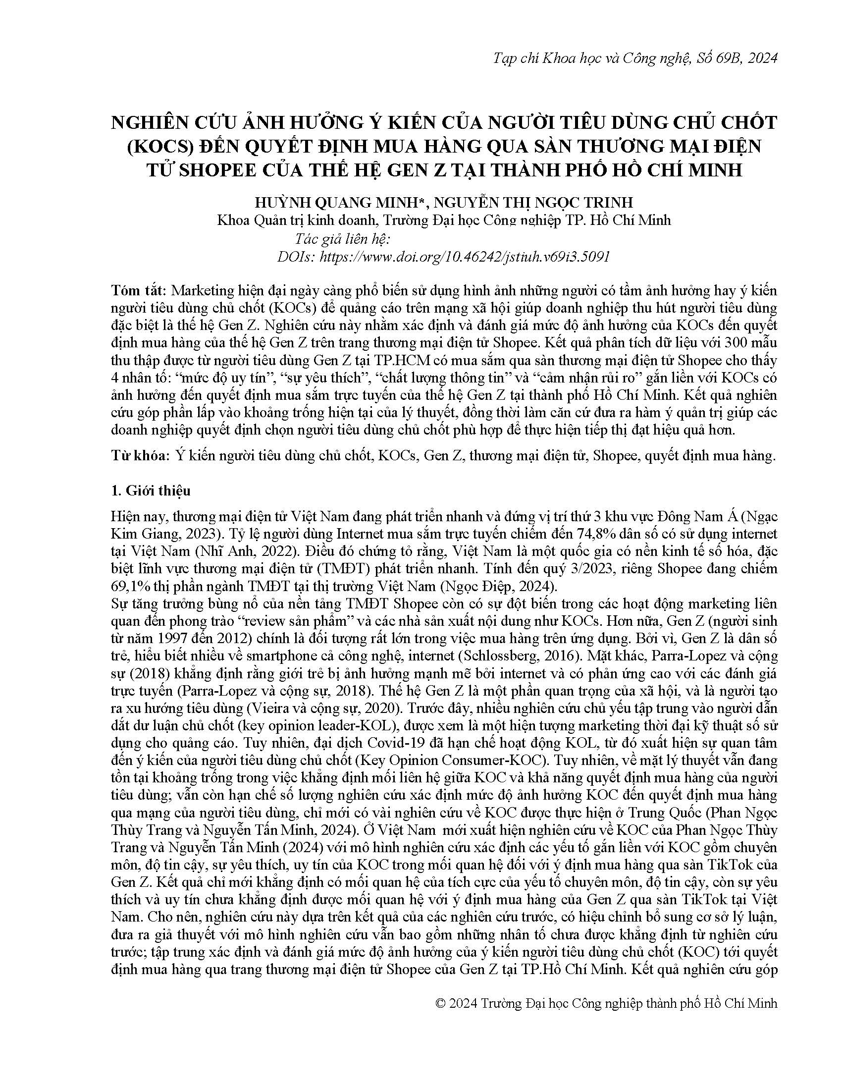 Nghiên cứu ảnh hưởng ý kiến của người tiêu dùng chủ chốt (kocs) đến quyết định mua hàng qua sàn thương mại điện tử shopee của thế hệ gen z tại Thành phố Hồ Chí Minh