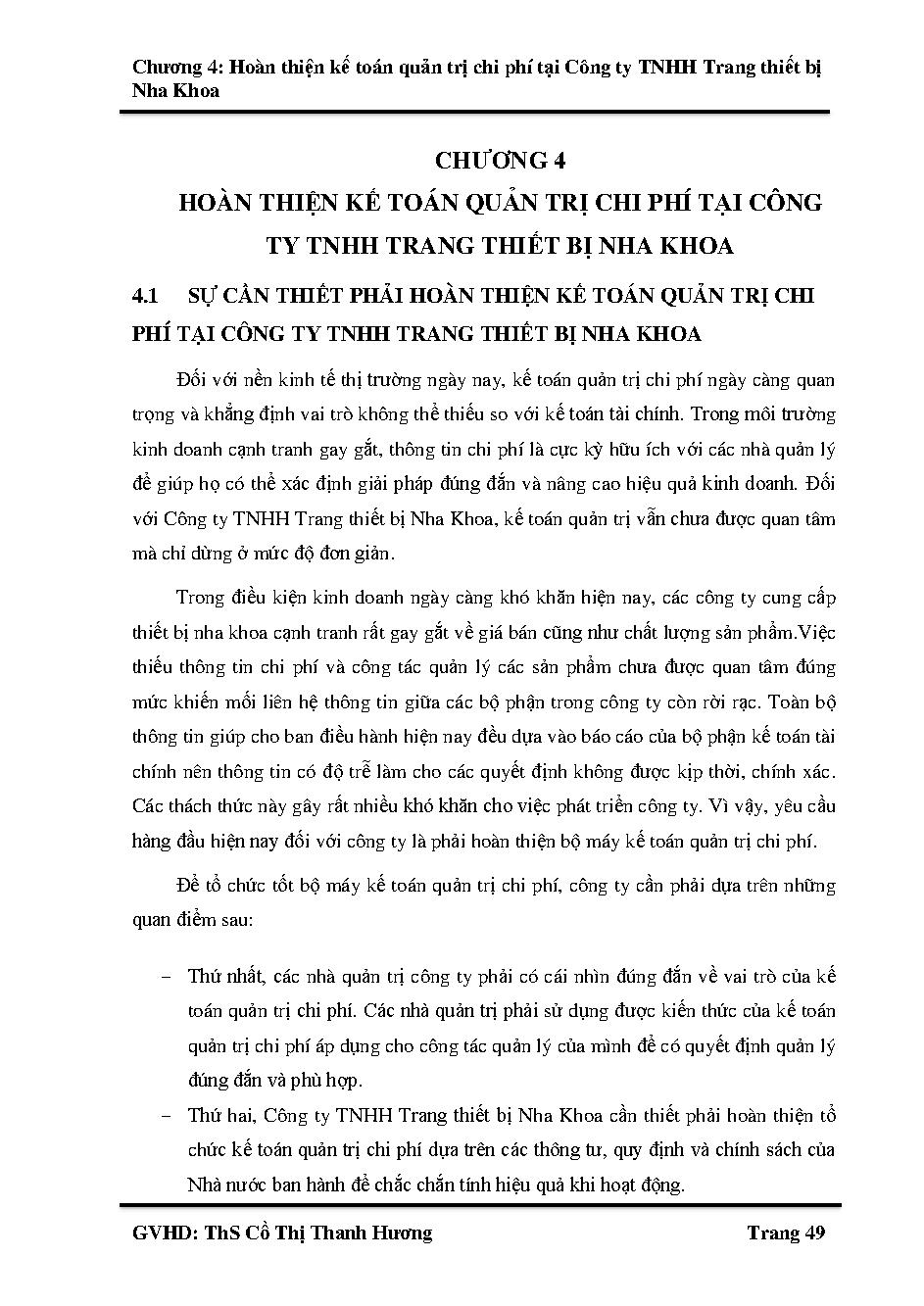 Hoàn thiện kế toán quản trị chi phí tại Công ty TNHH trang thiết bị nha khoa :Khóa luận tốt nghiệp Khoa Kế toán - Kiểm toán