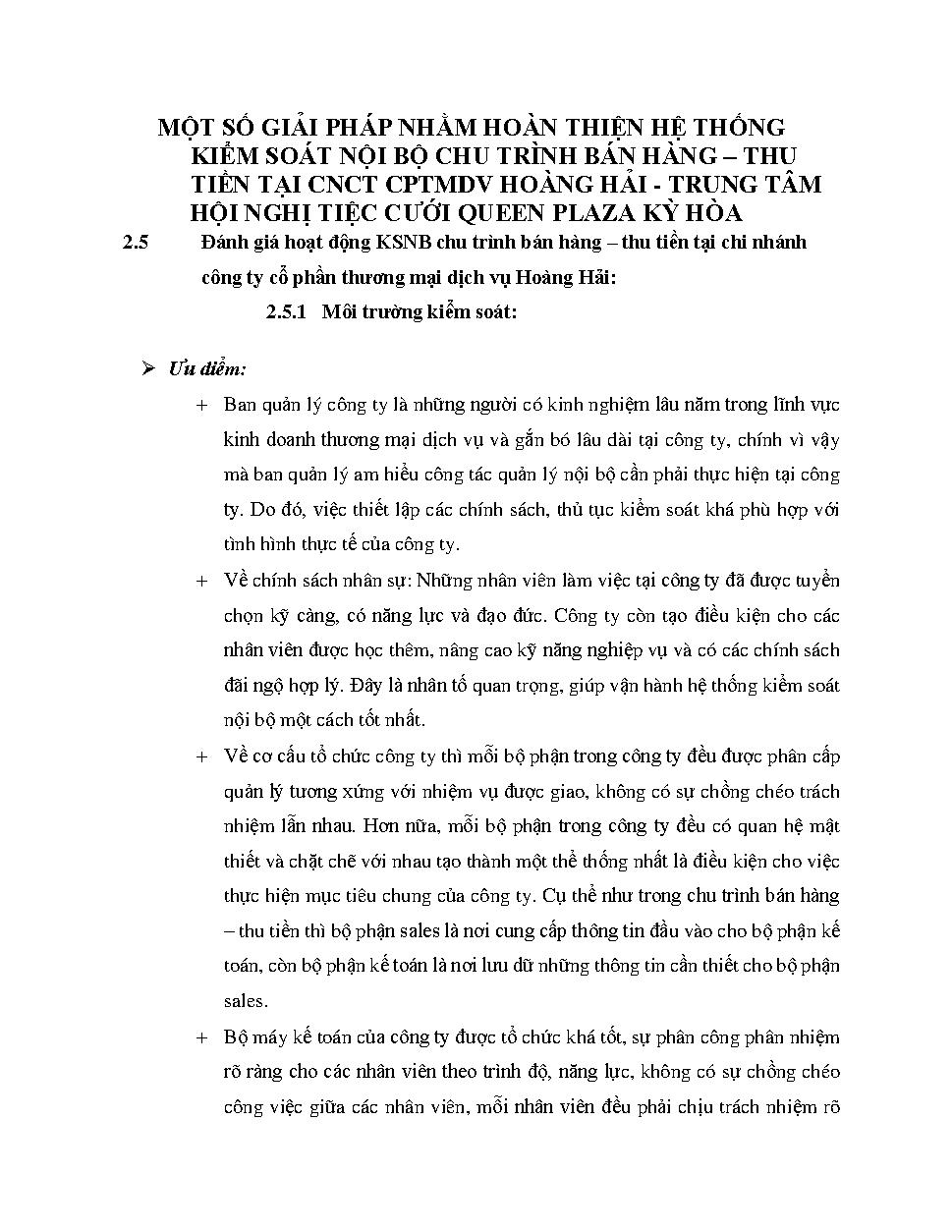 Hoàn thiện hệ thống kiểm soát nội bộ chu trình bán hàng thu tiền tại CNCTTMDV Hoàng Hải - Trung tâm hội nghị tiệc cưới Queen Plazza Kỳ Hòa :Khóa luận tốt nghiệp khoa Kế toán - Kiểm toán