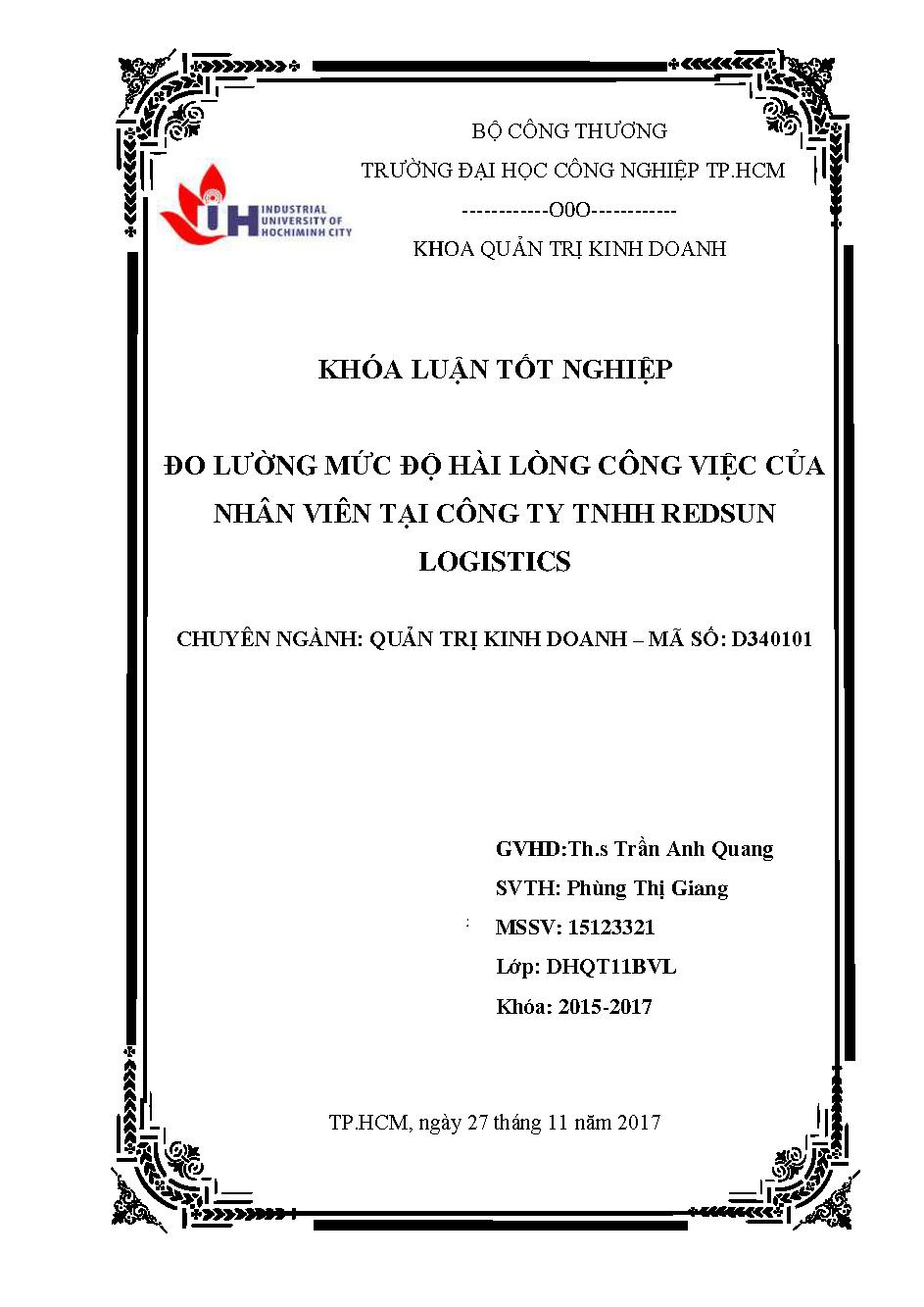 Đo lường mức độ hài lòng của nhân viên tại Công ty TNHH REDSUN LOGISTICS: Đồ án tốt nghiệp khoa Quản trị Kinh doanh