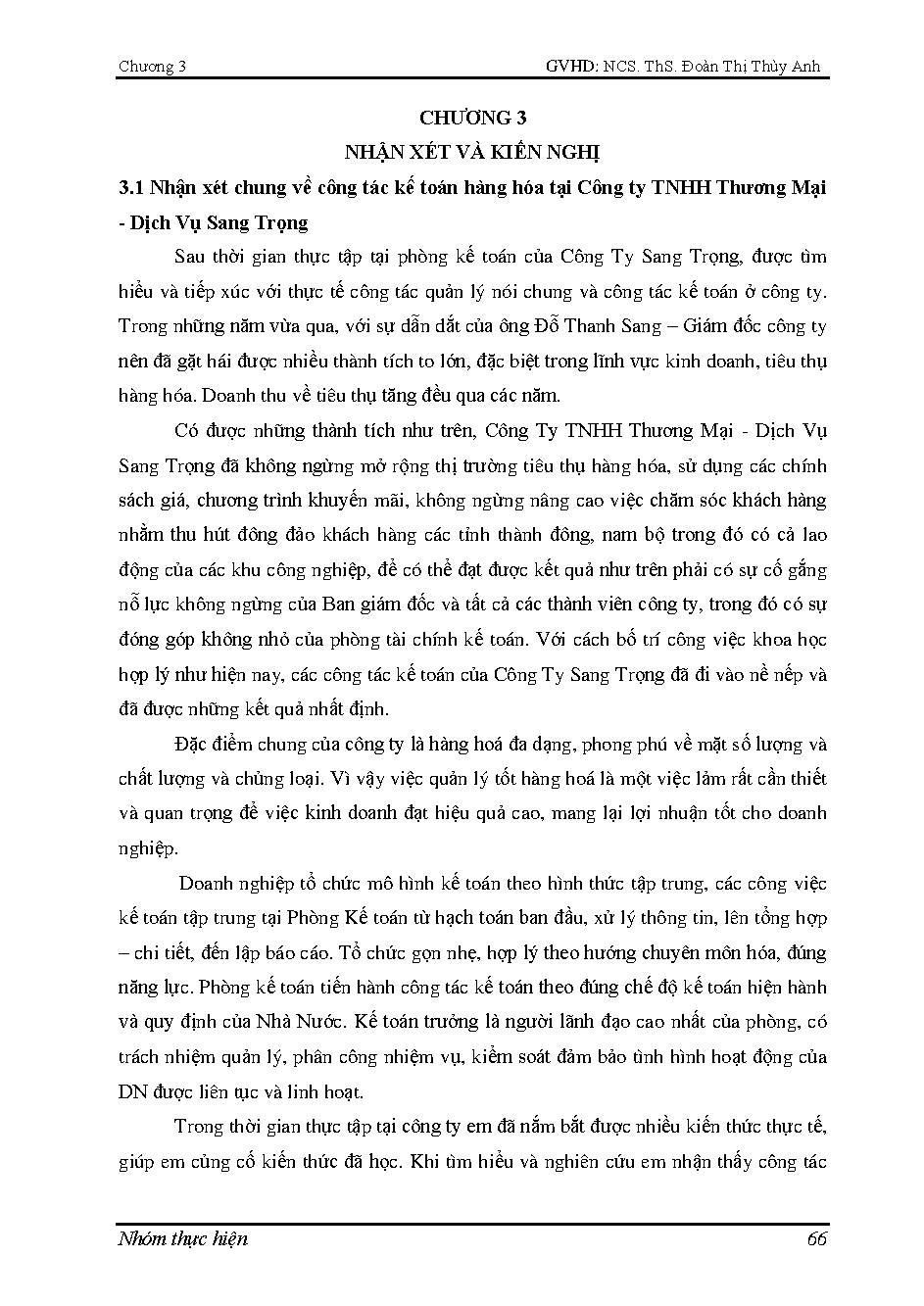 Hoàn thiện công tác kế toán hàng hóa tại Công ty TNHH TM-DV Sang Trọng :Khóa luận tốt nghiệp Khoa Kế toán - Kiểm toán