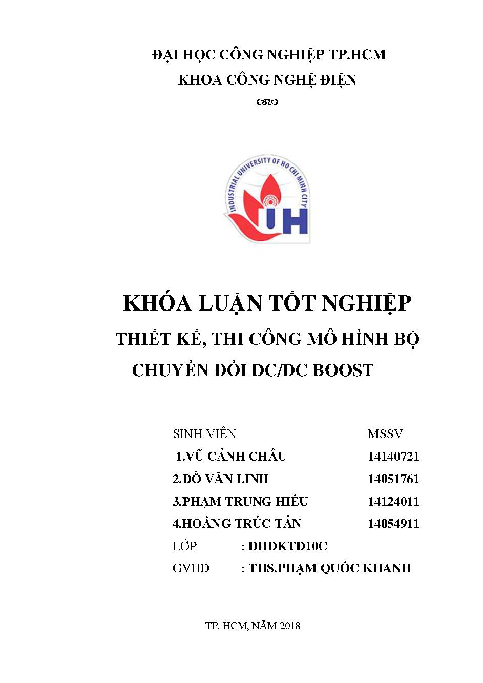 Thiết kế, thi công mô hình bộ chuyển đổi DC/DC Boost :Khóa luận tốt nghiệp khoa Công nghệ Điện