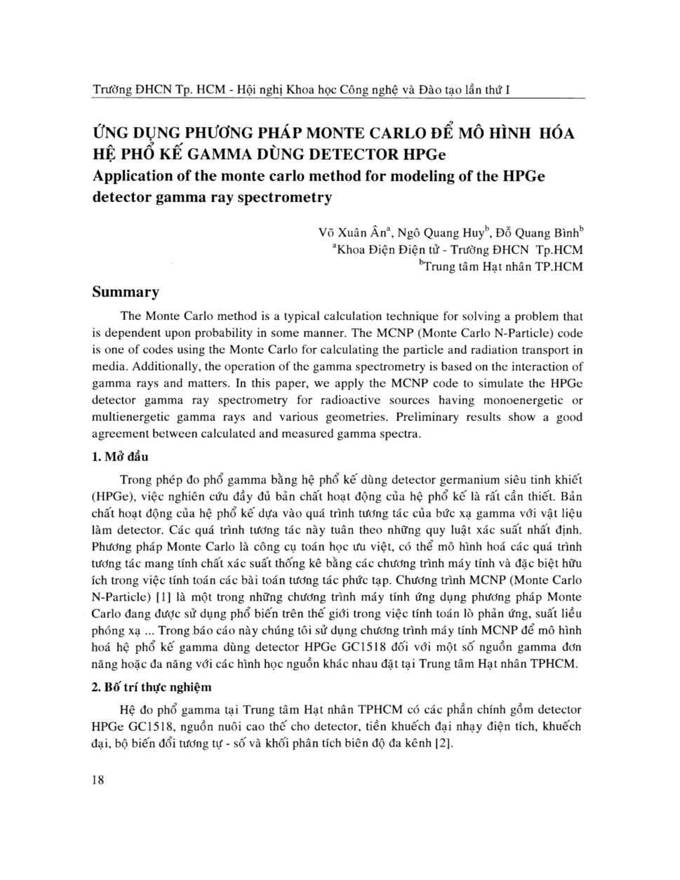 Ứng dụng phương pháp MONTE CARLO để mô hình hóa hệ phổ kế GAMMA dùng DETECTOR HPGe