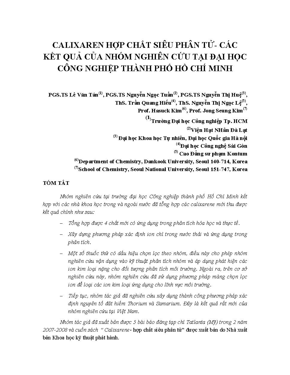 Calixaren hợp chất siêu phân tử - các kết quả của nhóm nghiên cứu tại Trường Đại học Công nghiệp Thành phố Hồ Chí Minh