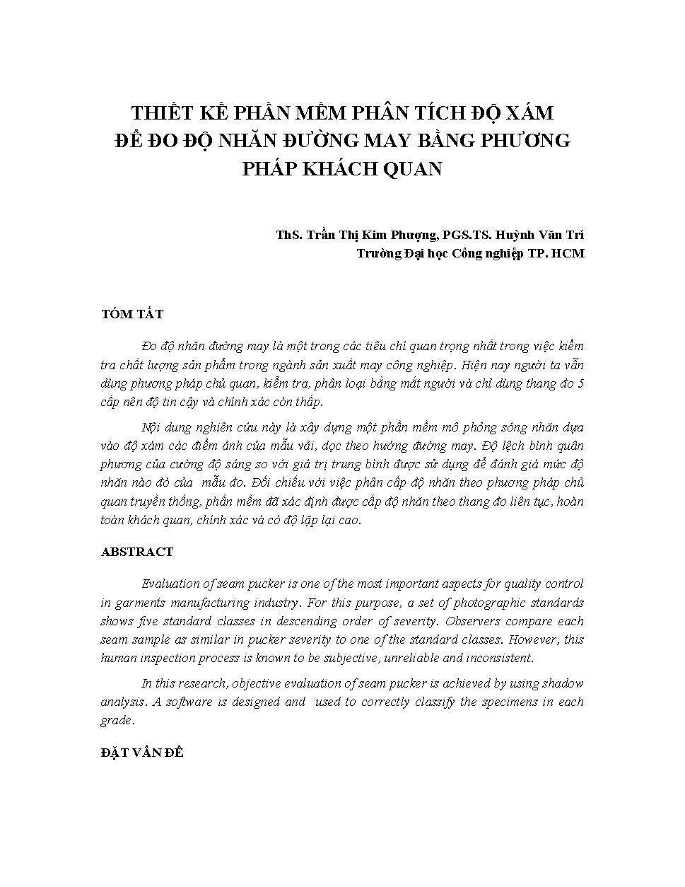 Thiết kế phần mềm phân tích độ xám để đo độ nhăn đường may bằng phương pháp khách quan