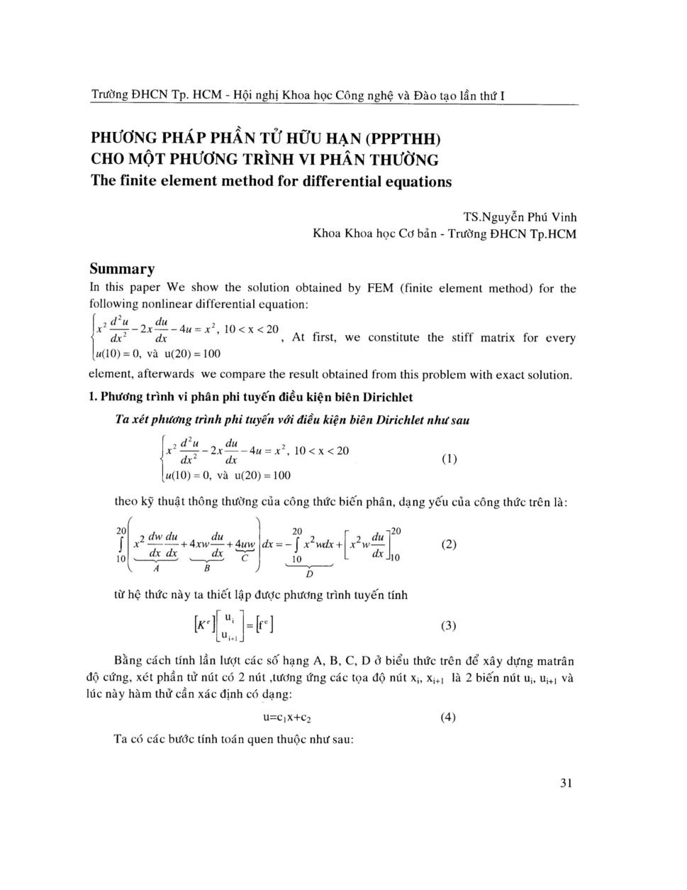 Phương pháp phần tử hữu hạn (PPPTHH) cho một phương trình vi phân thường