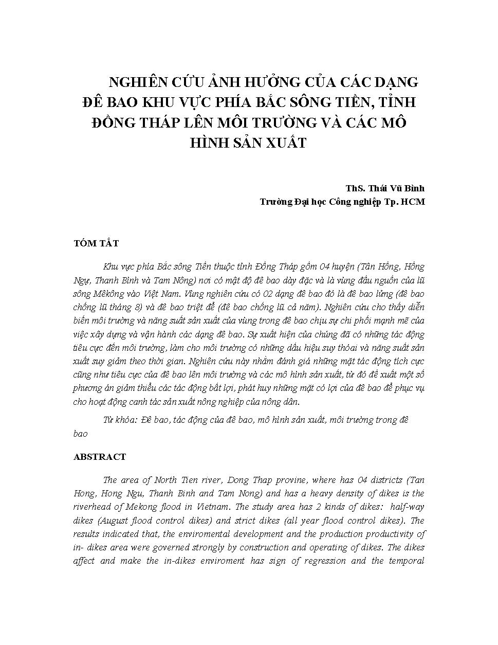 Nghiên cứu ảnh hưởng của các dạng đê bao khu vực phía bắc sông Tiền, tỉnh Đồng Tháp lên môi trường và các mô hình sản xuất