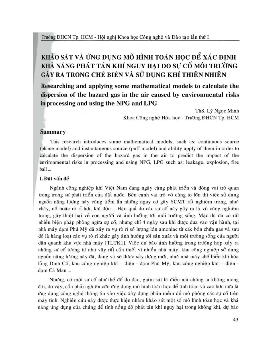 Khảo sát và ứng dụng mô hình toán học để xác định khả năng phát tán khí nguy hại do sự cố môi trường gây ra trong chế biến và sử dụng khí thiên nhiên