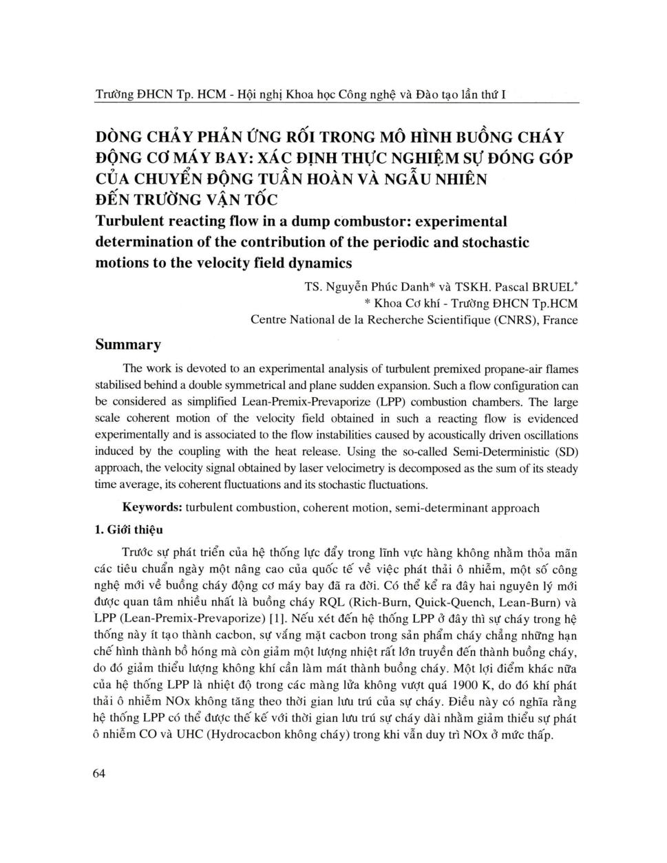 Dòng chảy phản ứng rối trong mô hình buồng cháy động cơ máy bay: xác định thực nghiệm sự đóng góp của chuyển động tuần hoàn và ngẫu nhiên đến trường vận tốc