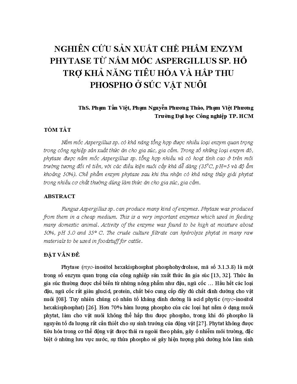 Nghiên cứu sản xuất chế phẩm enzym phytase từ nấm mốc Aspergillus Sp. hỗ trợ khả năng tiêu hóa và hấp thu phospho ở súc vật nuôi