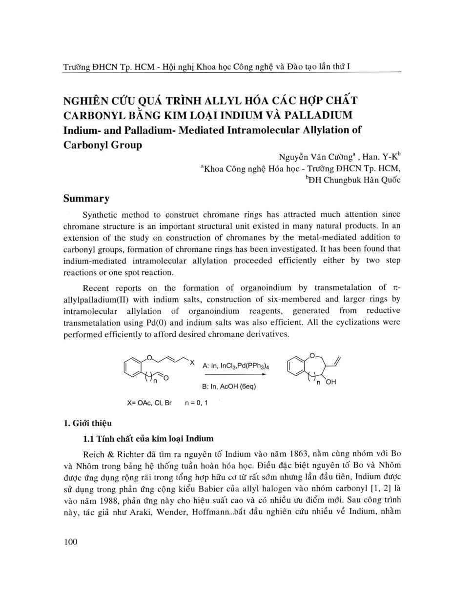 Nghiên cứu quá trình allyl hóa các hợp chất carbonyl bằng kim loại indium và palladium