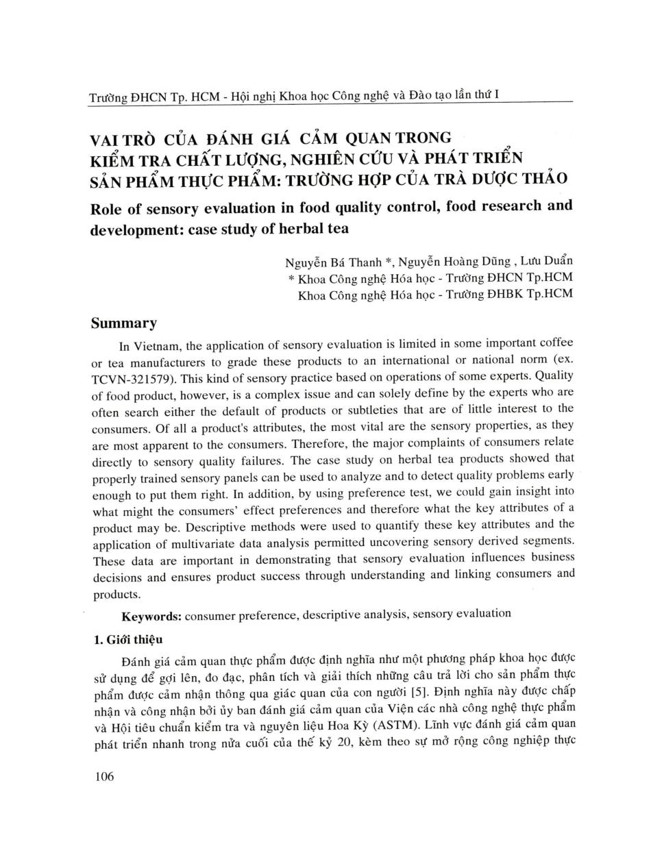 Vai trò của đánh giá cảm quan trong kiểm tra chất lượng, nghiên cứu và phát triển, nghiên cứu và phát triển sản phẩm thực phẩm: trường hợp của trà dược thảo