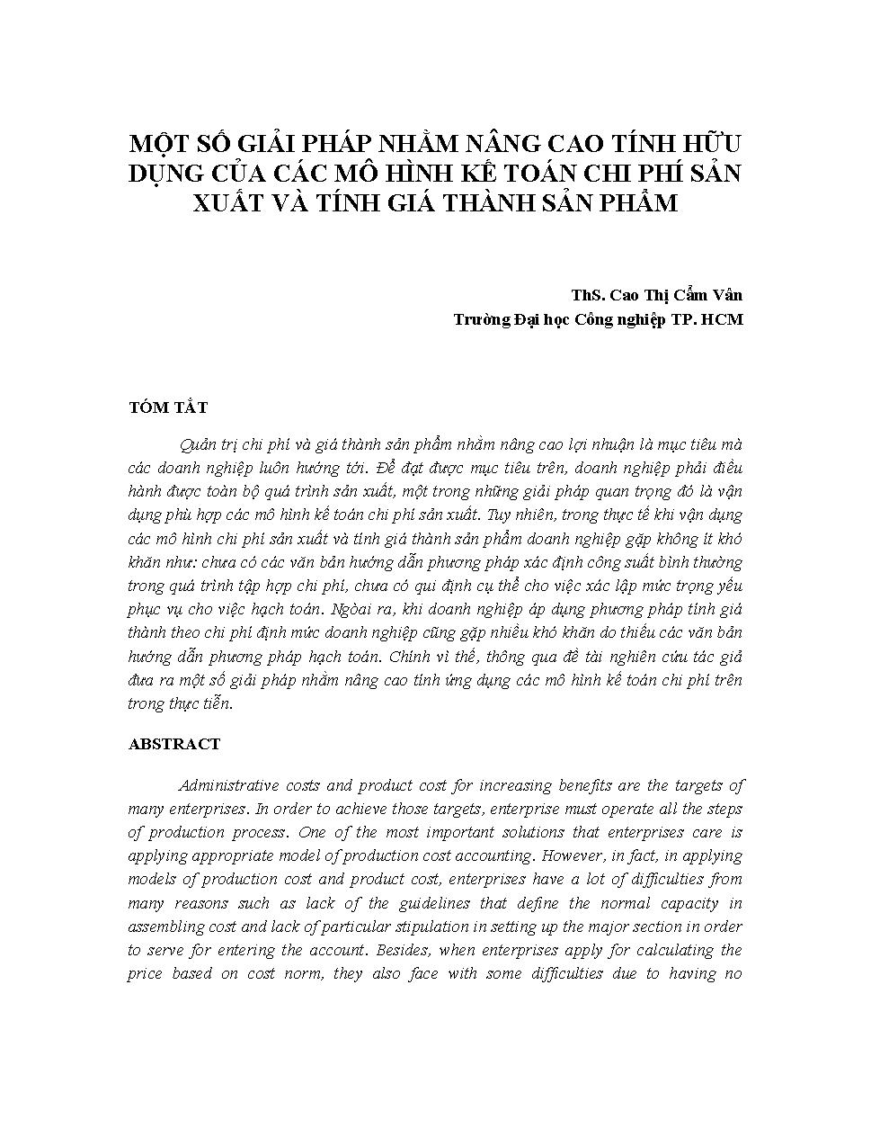 Một số giải pháp nhằm nâng cao tính hữu dụng của các mô hình kế toán chi phí sản xuất và tính giá thành sản phẩm