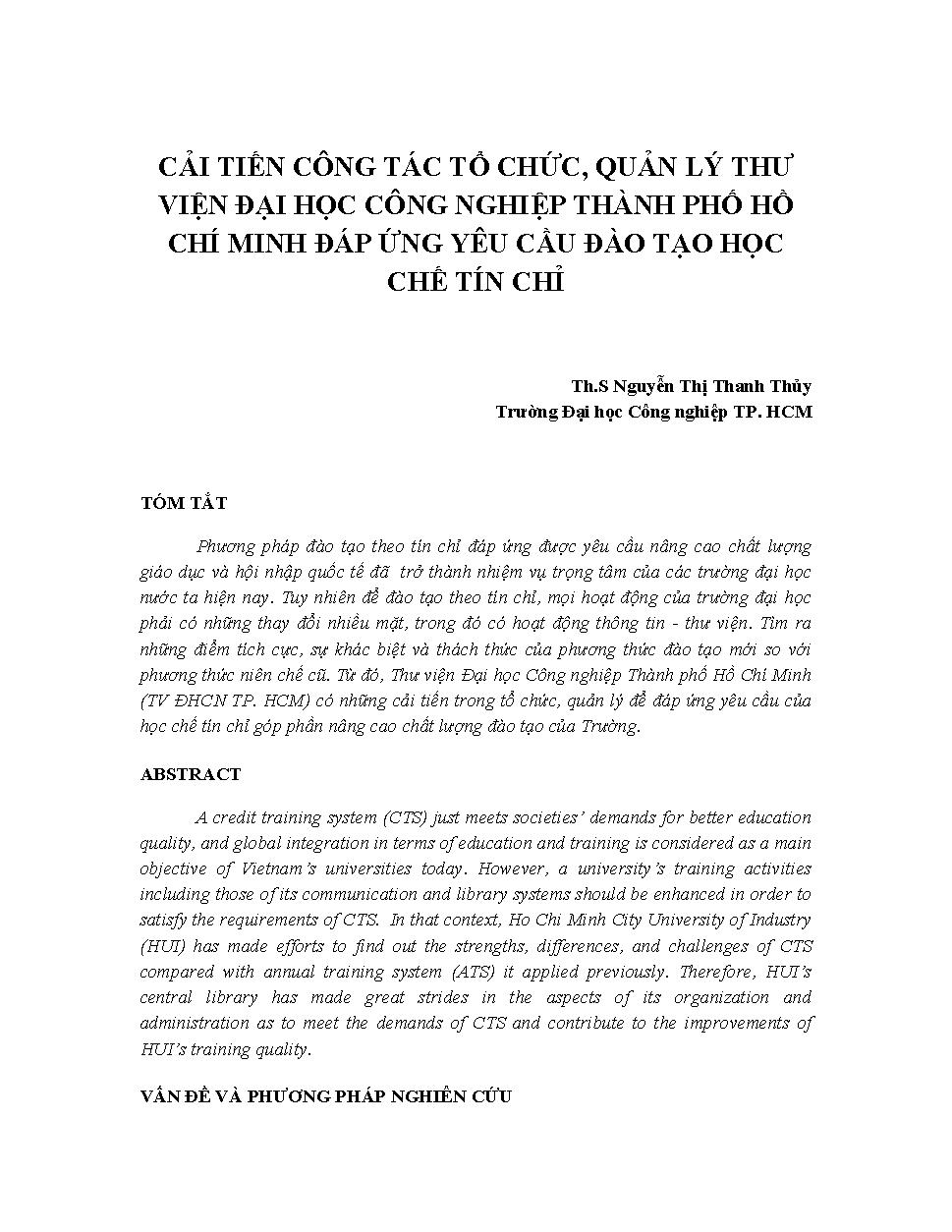 Cải tiến công tác tổ chức, quản lí thư viện Đại học công nghiệp Thành Phố Hồ Chí Minh đáp ứng yêu cầu đào tạo học chế tín chỉ