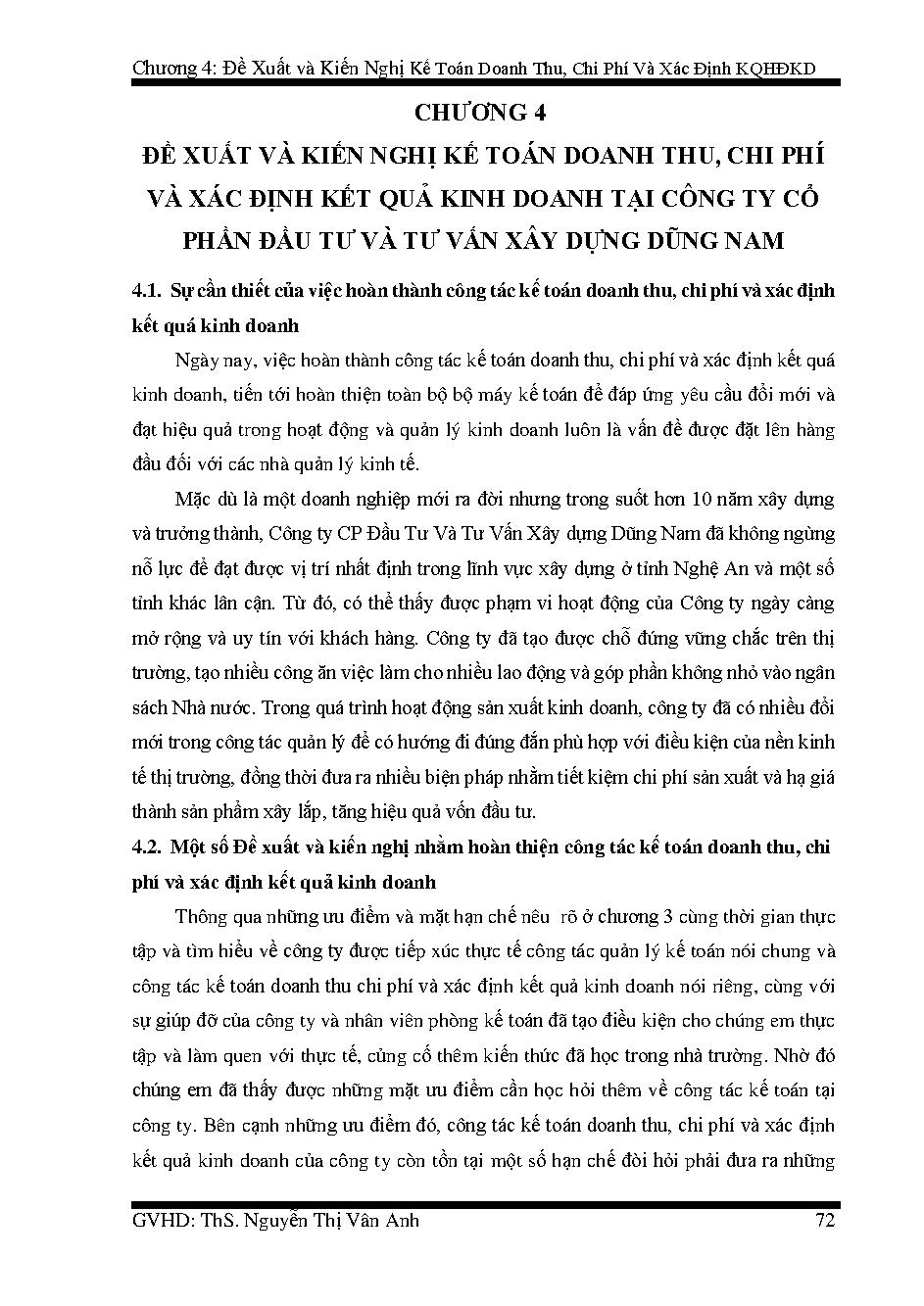 Hoàn thiện kế toán doanh thu, chi phí và xác định kết quả kinh doanh tại Công ty cổ phần đầu tư và tư vấn xây dựng Dũng Nam: Khóa luận tốt nghiệp khoa Kế toán - Kiểm toán