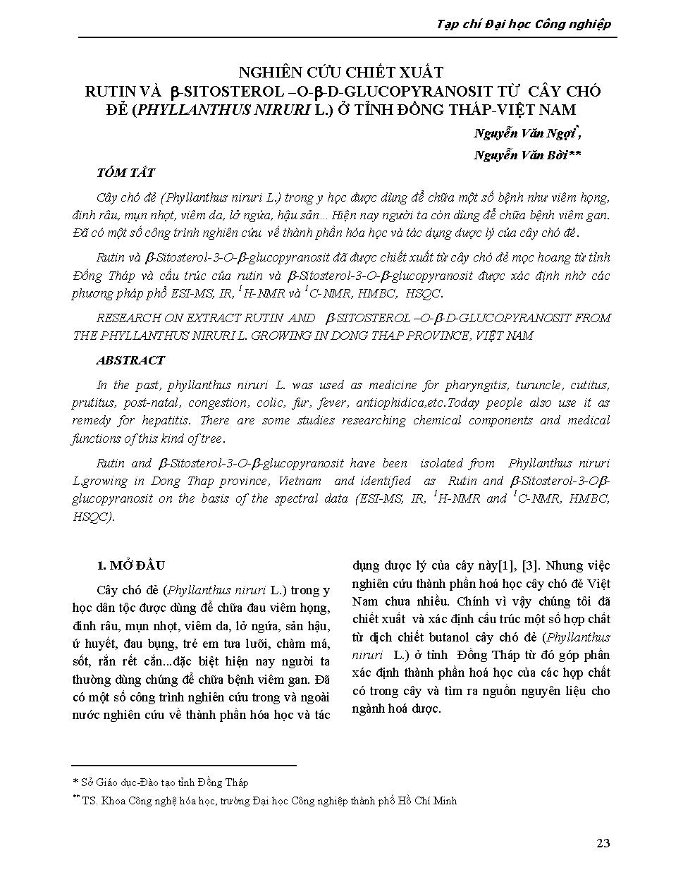 Nghiên cứu chiết xuất Rutin và β - Sitosterol - O - β - D - Glucopyranosit từ cây chó đẻ ( Phyllanthus niruri l.) ở tỉnh Đồng Tháp - Việt Nam