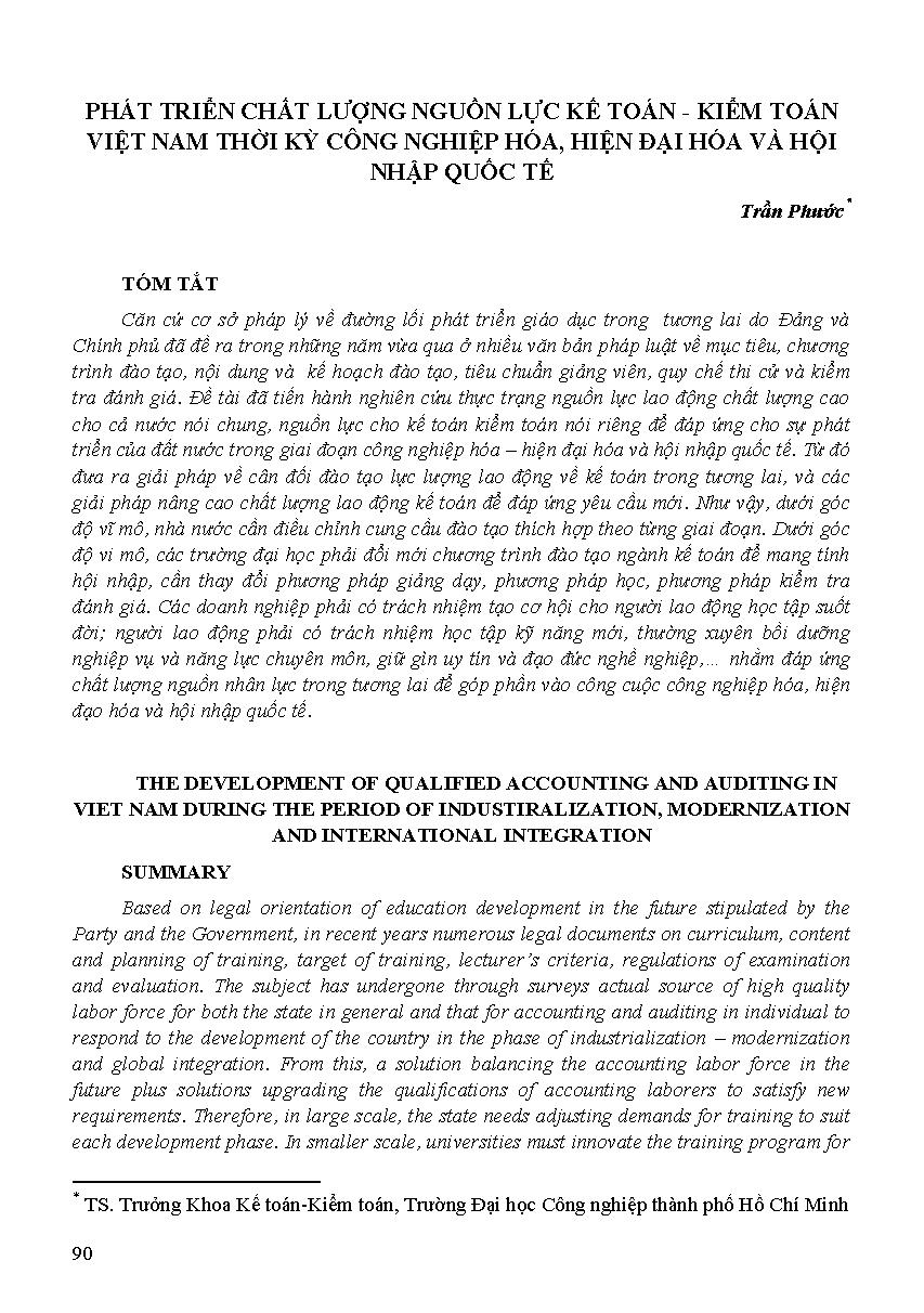 Phát triển chất lượng nguồn lực kế toán - kiểm toán Việt Nam thời kỳ công nghiệp hóa, hiện đại hóa và hội nhập quốc tế