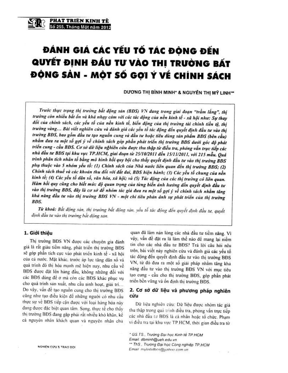 Đánh giá các yếu tố tác động đến quyết định đầu tư vào thị trường bất động sản - một số gợi ý về chính sách