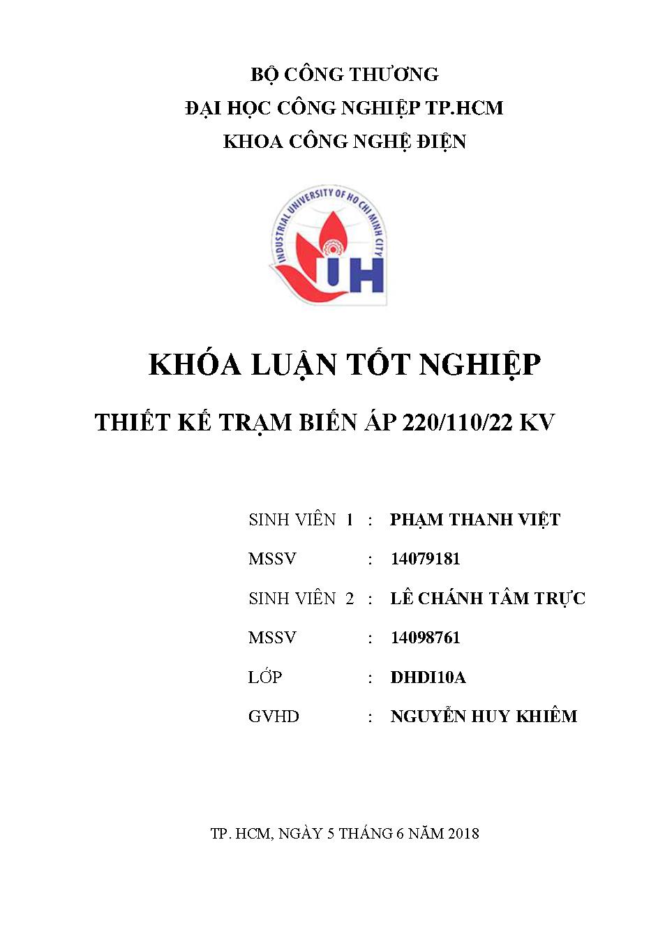 Thiết kế trạm biến áp 220/110/22 KV : Khóa luận tốt nghiệp Khoa Công nghệ Điện