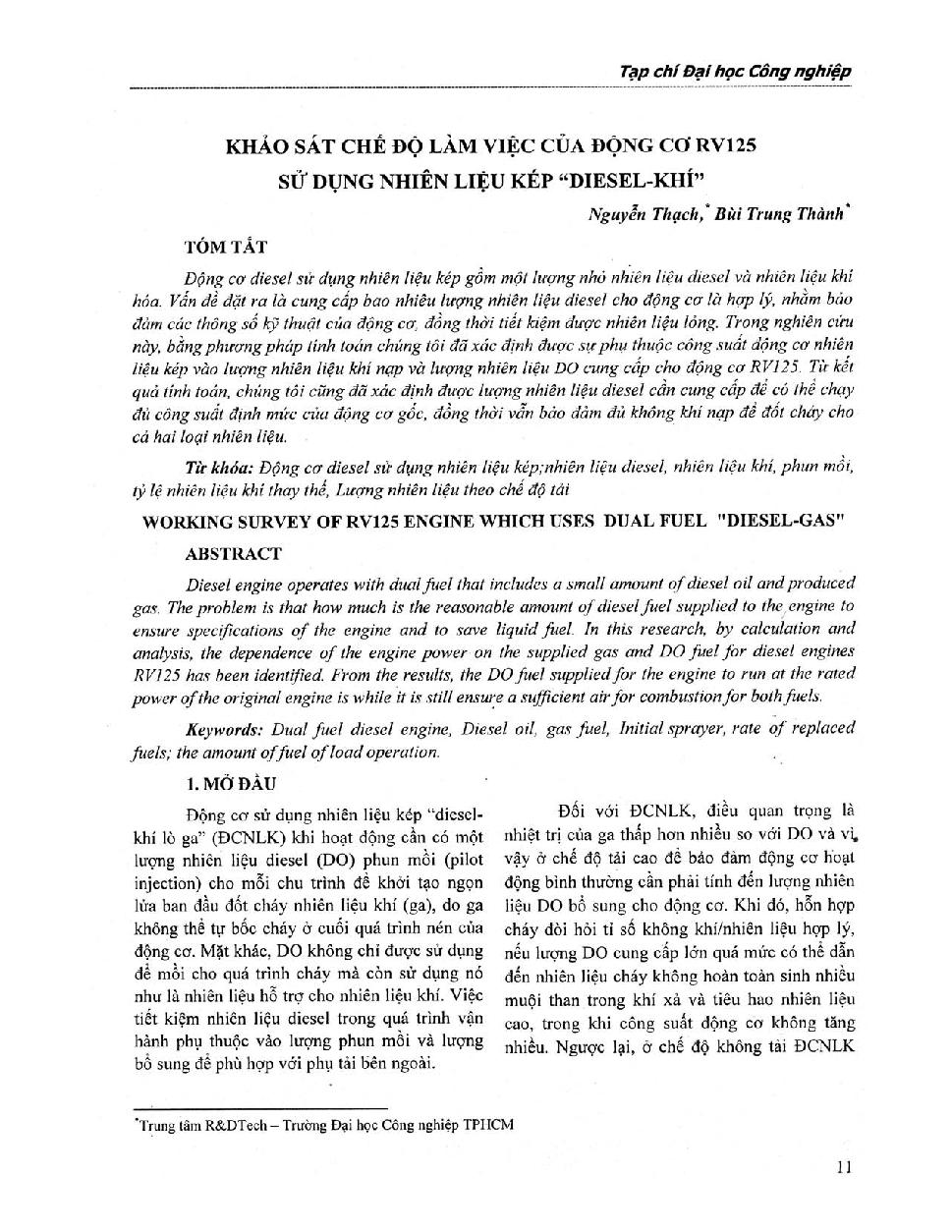 Khảo sát chế độ làm việc của động cơ RV125 sử dụng nhiên liệu kép "diesel - khí"