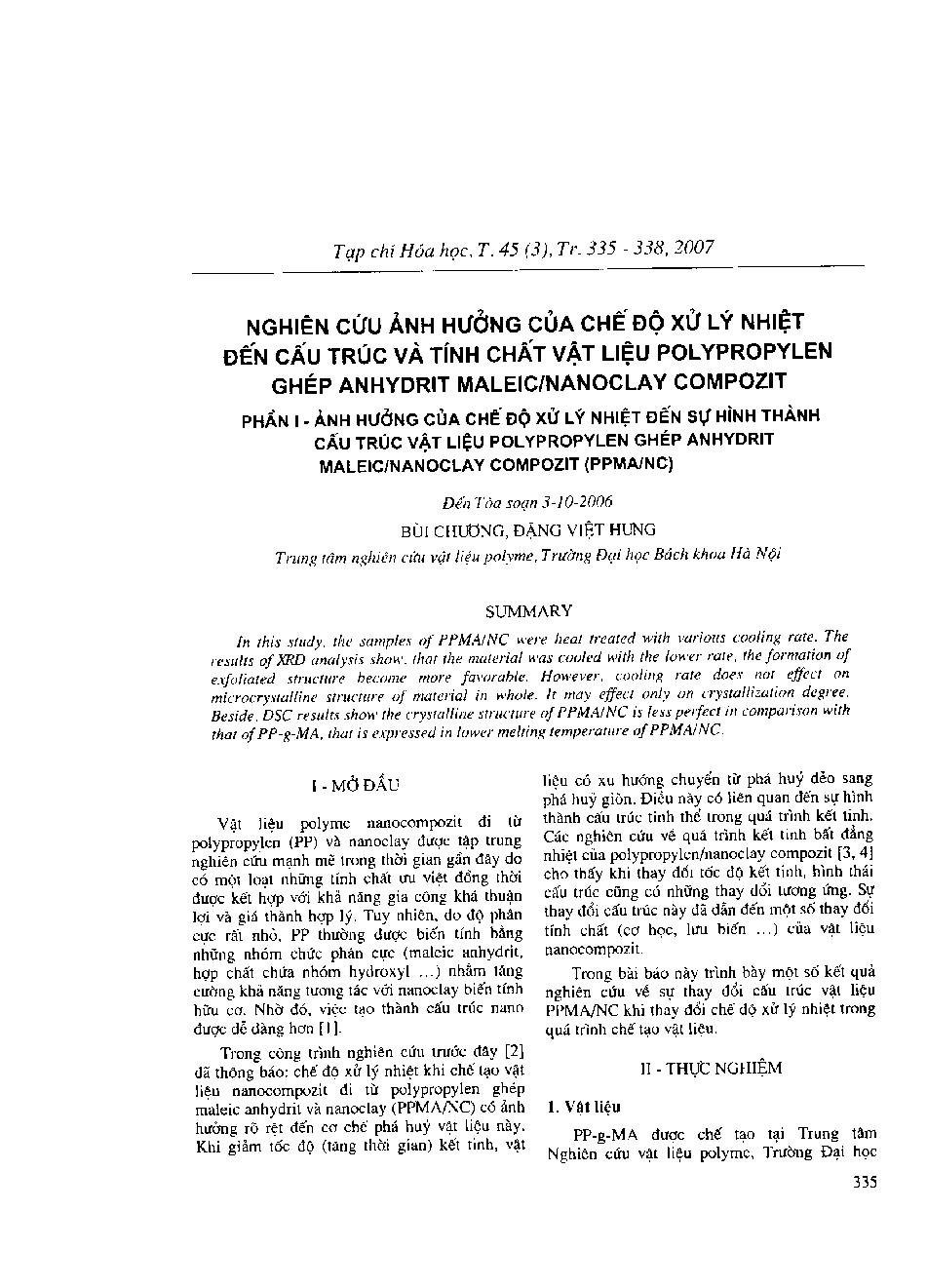 Nghiên cứu ảnh hưởng của chế độ xử lý nhiệt đến cấu trúc và tính chất vật liệu polypropylen ghép anhydrit maleic/nanoclay compozit: Phần I-Ảnh hưởng của chế độ xử lý nhiệt đến sự hinh thành cấu trúc vật liệu polypropylen ghép anhydrit maleic/nanoclay compozit (PPMA/NC)