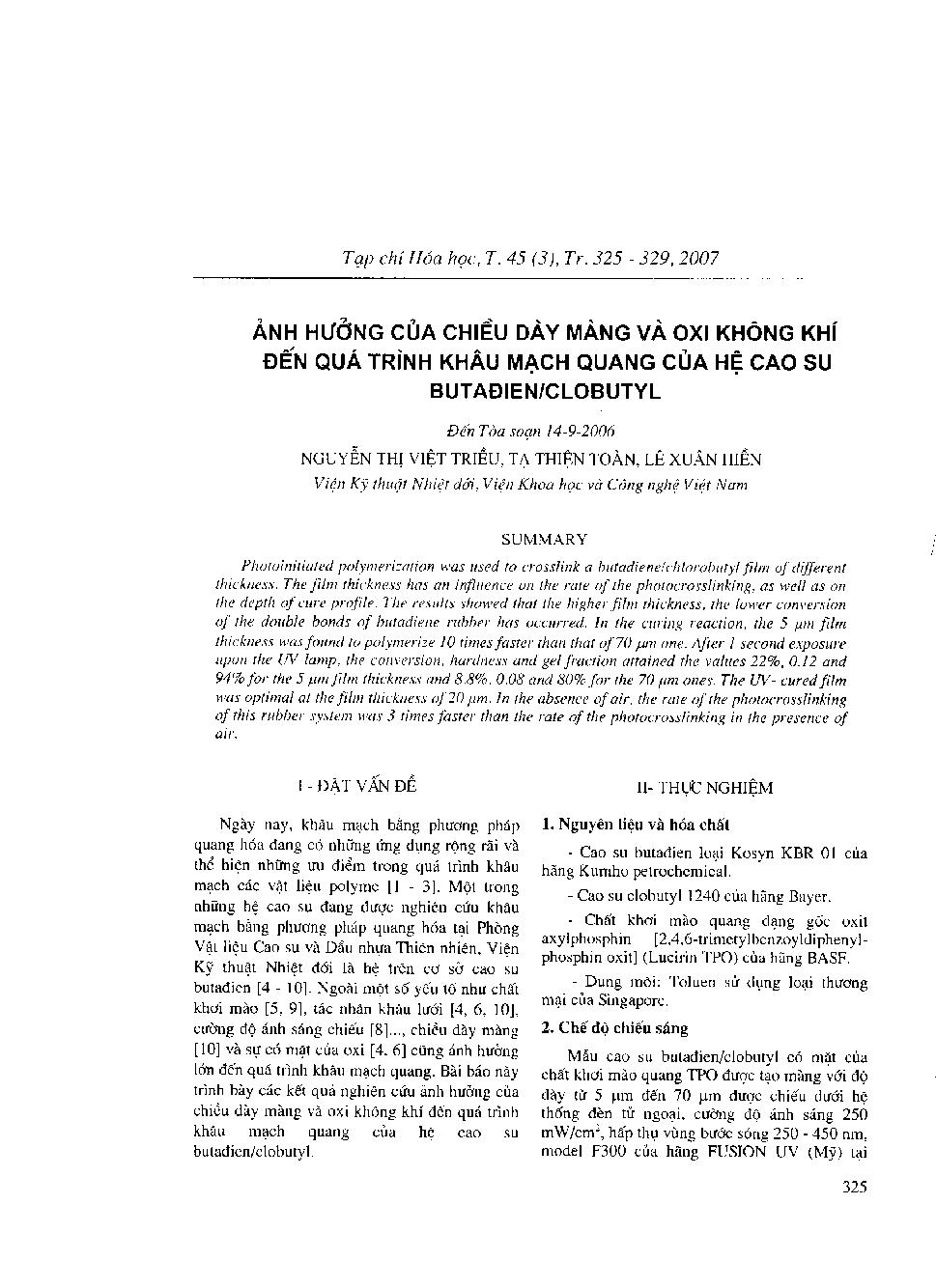 Ảnh hưởng của chiều dày màng và oxi không khí đến quá trình khâu mạch quang của hệ cao su butađien/clobutyl