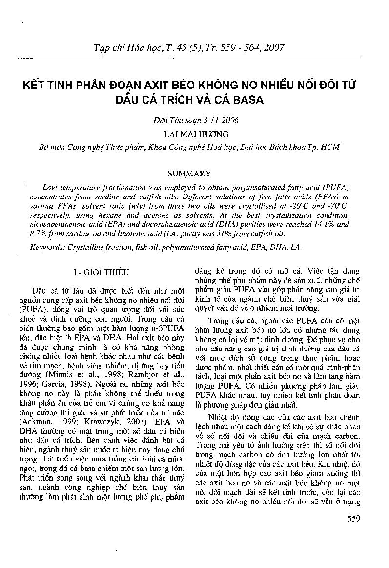 Kết tinh phân đoạn axit béo không no nối đôi từ dầu cá trích và cá basa