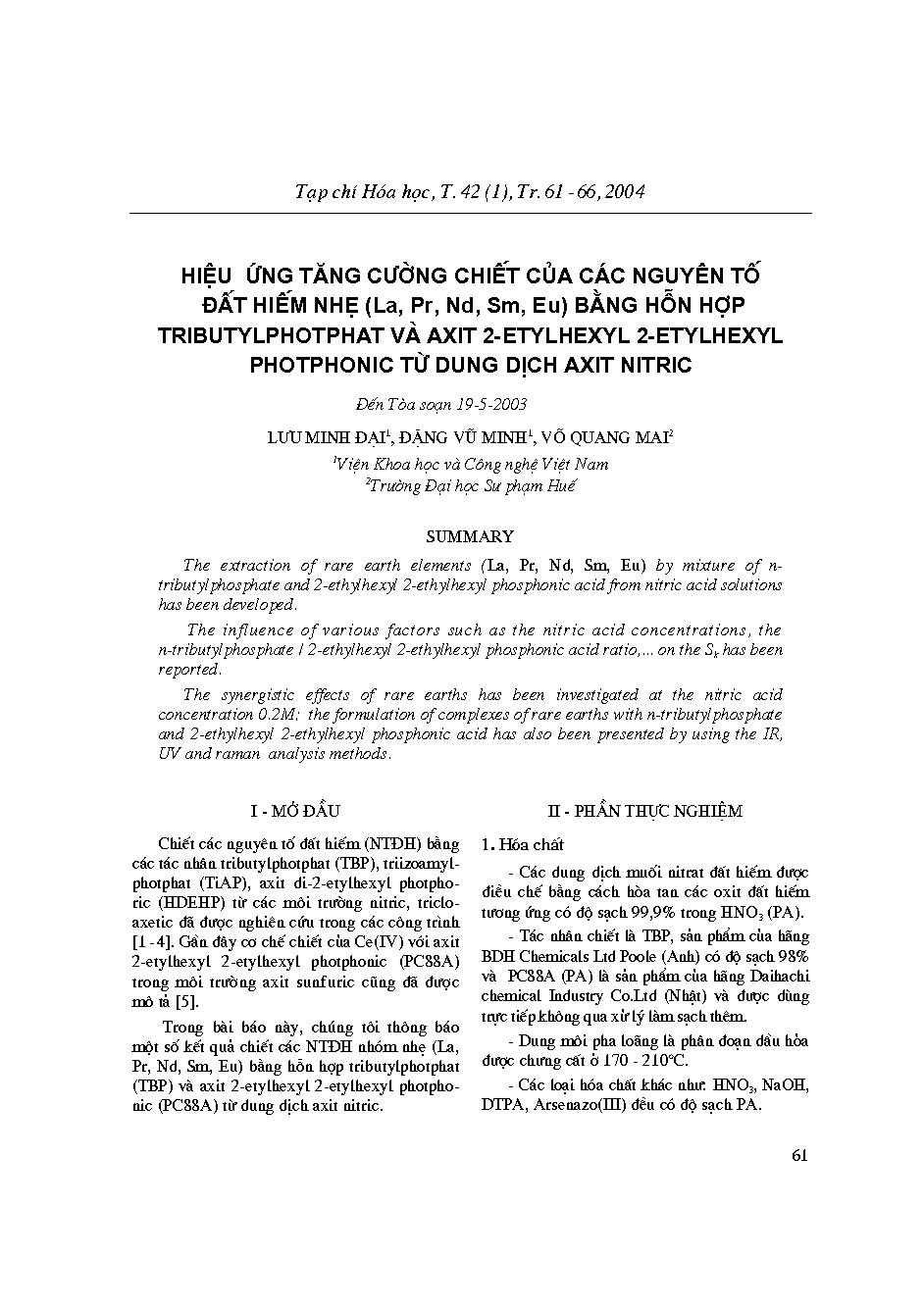 Hiệu ứng tăng cường chiết của các nguyên tố đất hiếm nặng (Gd, Tb, Dy, Ho, Y, Er) bằng hỗn hợp Tributylphotphat và axit 2-etylhexyl 2-Etylhexyl photphonictừ dung dịch axitnitric