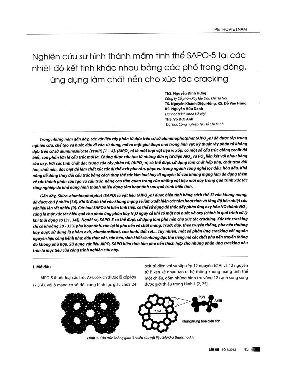 Nghiên cứu sự hình thành mầm tinh thể SAPO-5 tại các nhiệt độ kết tinh khác nhau bằng các phổ trong dòng, ứng dụng làm chất nền cho xúc tác cracking